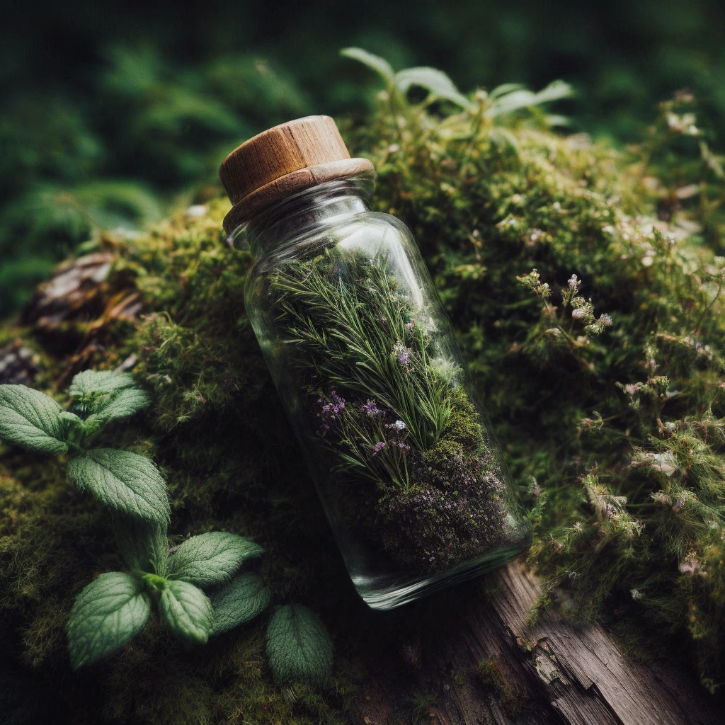 (best quality,4k,8k,highres,masterpiece:1.2),ultra-detailed,(realistic,photorealistic,photo-realistic:1.37), raw photo of a pebble and herb and soil filled spell vial on moss and forest foliage, evocative atmosphere, witchcore aesthetic, cottagecore, shabby chic, delicate, romantic, green witch vibe, forest witch, eerie, gothic, angled perspective, side-top view, centered composition, ambient light, caustics, low contrast, greenery, herbs, flowers, moss, accurate, f/4.0, 35mm, UHD