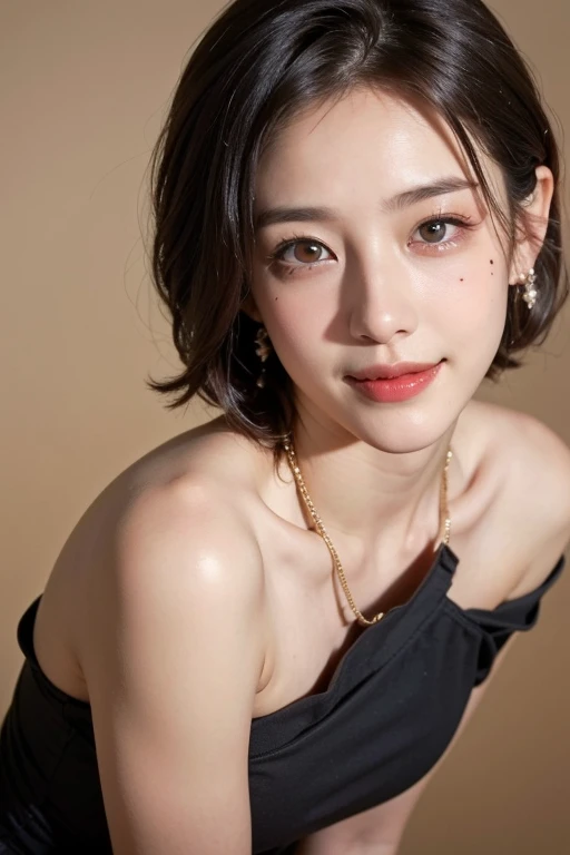 height: 170cm, 30 years old、Pale face and eyes:1.3、Very narrow face and eyes:1.3, (Swollen eyes:1.5)、{Highest quality}, {{masterpiece}}, {Very delicate and beautiful}, Excellent light and shadow, Highly detailed wallpaper, clear 、1 girl, , blush, Short Bob Hair, (Bare Bust、Supermodel Legs、High heels), Delicate hair, (Realistic skin texture:1.3), Saggy breasts, Cleavage、or noticeable wrinkles on the skin., B cup, Broad shoulders, ((Dynamic model posing)), necklace、ring、earrings、smile、(Front Focus), (In the Dark:1.6), Surrealist female portraits by David Hockney and Alphonse Mucha, Fantasy art, Photorealistic, Dynamic Lighting, Art Station, Poster, Volumetric Lighting, Highly detailed face, 4K, Awards, 1 girl, In the Dark, Deep Shadow, Inconspicuous key, Cowboy Shot, (Official attire:1.4), Long Hair, color々angle, color々Performance