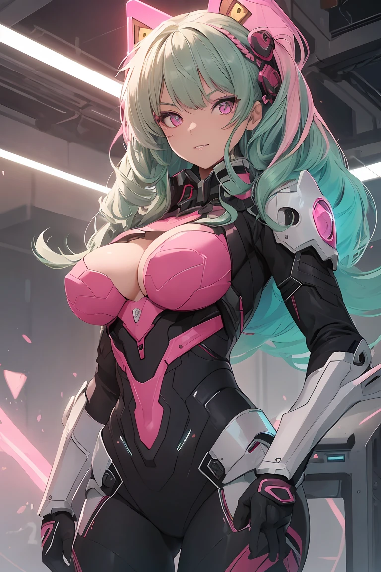 ((1 girl)), Mecha Suit,Cybertech, Large rear armament, Cowboy Shot,((Very detailed,highest quality, High resolution, 8k wallpaper, Beautiful clothes,)),((Green Hair, Medium Hair, Loose Curly Hair, Braided hair)) (Bright Blue Eyes), (teeth), Grinning face, eye shadow, eyeliner,Glow Eye, Very detailedな目, Sharp eyes, Beautiful Eyes, ((Glowing pink eyes)), 18-year-old girl.