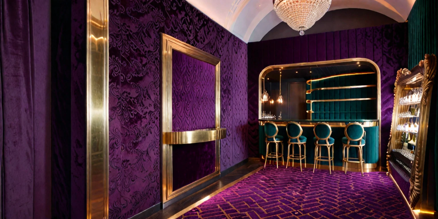 Raw photo, Masterpiece, high quality, best quality, realistic, super detailed, interior, indoor, lobby bar, A lounge area in the style of renaissance Venice mix with contemporary, dark purple chevron carpet floor, large low dark purple velvet couches in classic silver frame, large comfy classic dark blue and dark green velvet fabric armchairs, tall floral silver classic frame bronze tinted mirrors on the velvet dark peacock covering wall, organic chandelier hanging from the high dome floral ceiling lit by upward spot lights hidden in the cove along the wall, classic arch with brass detail above bar counter, glass wine cellar on the curved wall behind bar counter with thin brass frame, backlit bar counter with warm light color, modern tough high chair in front of the counter with brass back and legs, no cushion on the back of the chair, only frame.(nightlight:2.2), vivid colors, (realistic:2.3), interior, indoors, 