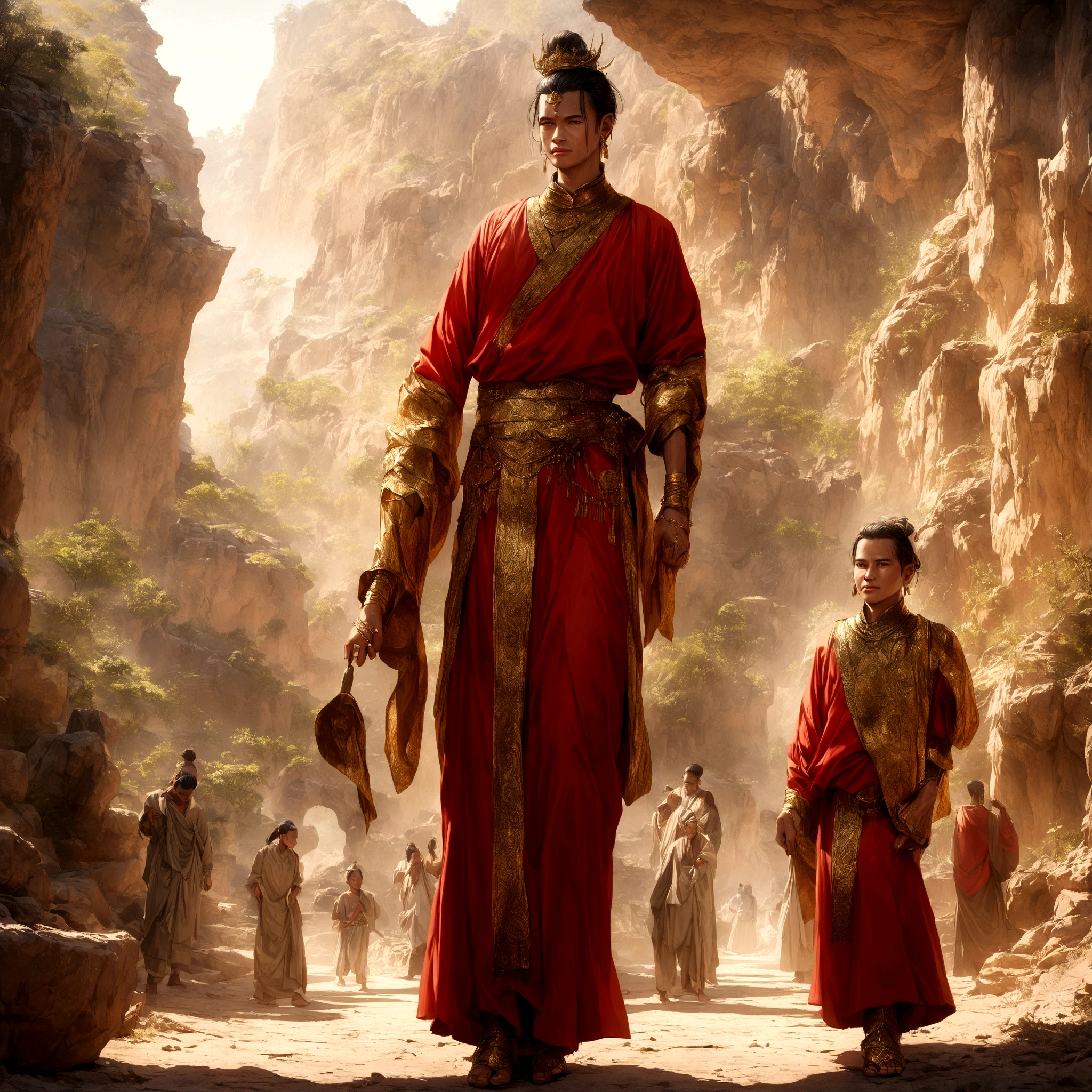 8K Ultra HD, highly detailed, super realistic, painting of a man in a Khmer red outfit with a gold belt, costume design, ancient old rich Khmer man, dressed in Khmer clothes, beautiful image