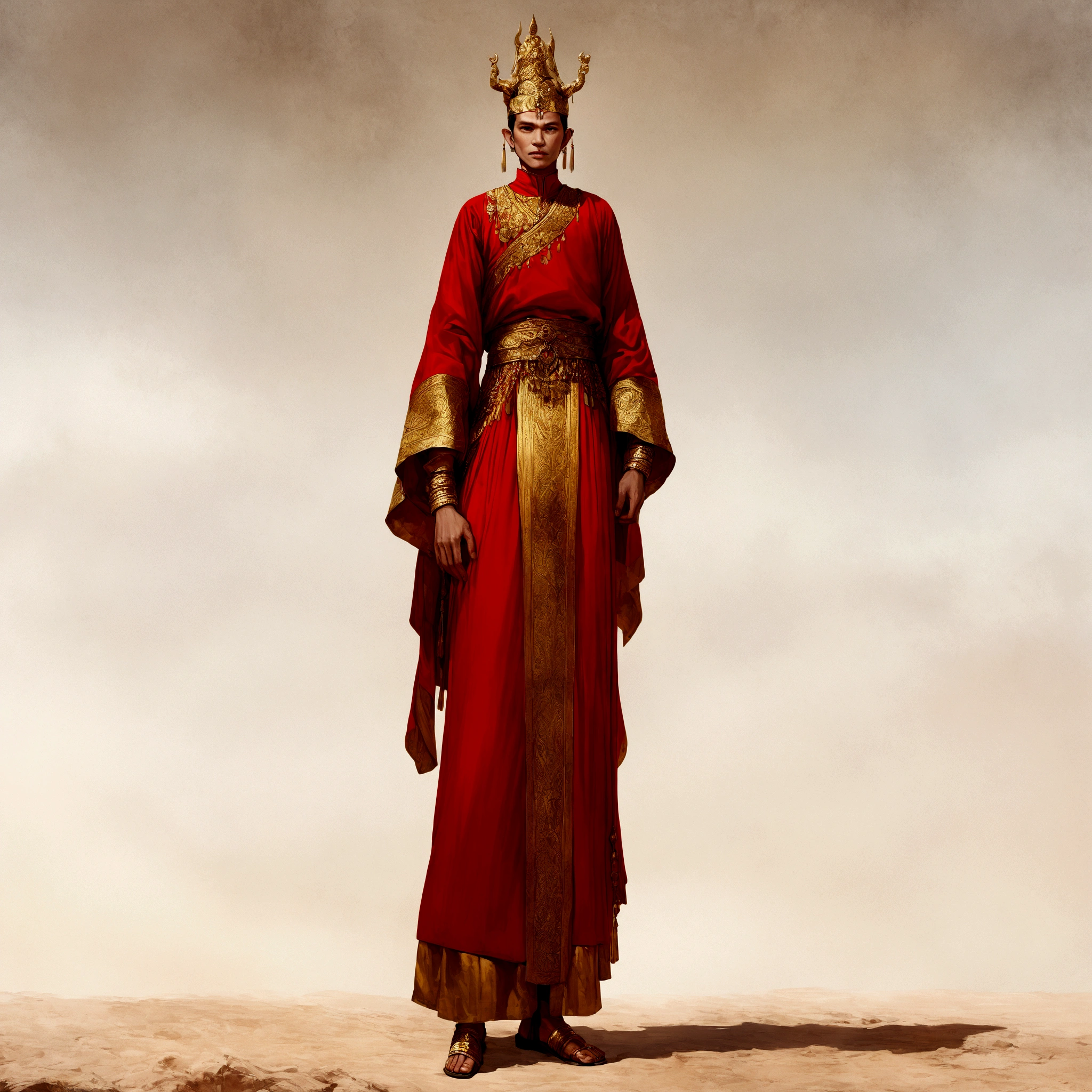 8K Ultra HD, highly detailed, super realistic, painting of a man in a Khmer red outfit with a gold belt, costume design, ancient old rich Khmer man, dressed in Khmer clothes, beautiful image