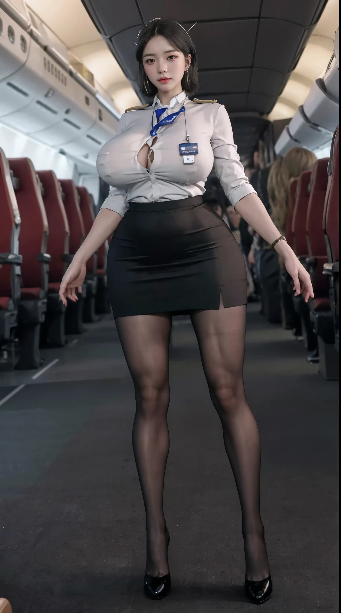 （From the outside） ， Colorful，highest quality at best，8k，Actual photo，Subtle skin details，masterpiece，Photo - Real，複雑なdetailed，RAW Photosgr,smile，Floral，stewardess，socks,Super long hair，Cropped shoulders，Delicate face，Exposing cleavage，Hainan Airlines，Cabin attendant attire，coat，skirt，Decorations，Perfect Fingers，The anatomy is correct，(Huge room，0.8)，Big Curvy Hips，Glossy Skin，Shooting from the front
(masterpiece), highest quality, highest quality,  detailed and intricate, original, Full Body Lesbian, High resolution,
(),非常にdetailed_eye, Sexy Breasts,
Simple diamond earrings, detailed skin,  
Fingernails, Beautiful fingers, 
((Flight attendant uniform)), (Black Pantyhose:1.1), Black high heels, 黒のショートskirtの制服, On the plane（(Inside the plane：1.2, Motion Capture)), Back view, Perfect Anatomy, masterpiece, highest quality, 超High resolution, High resolution写真, unity 8k wallpaper, 非常にdetailed CG:1.2),(RAW Photos,:1.3), (Photo Real:1.4), One girl , young, Physically Based Rendering, cute, (Detailed painted face:1.4, detailed clothes), (detailed:1.4) Beautiful Face, Depth of written boundary, Add Layer, Ultra-realistic, Perfect body model, Perfect Boobs, Height: 175cm, short hair, bangs