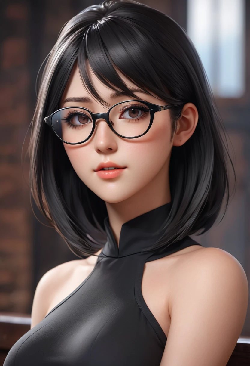 Imagen arafed de una mujer con un vestido negro y gafas., Arte digital by Yang J, Tendencias en la sociedad CG, Arte digital, 🤤 girl portrait, retrato seductor de tifa lockhart, suave anime cg art, estilo anime realista 3d, tifa lockhart, anime fotorrealista, tifa, hermosa y seductora mujer anime, chica anime seductora, anime fotorrealista girl render