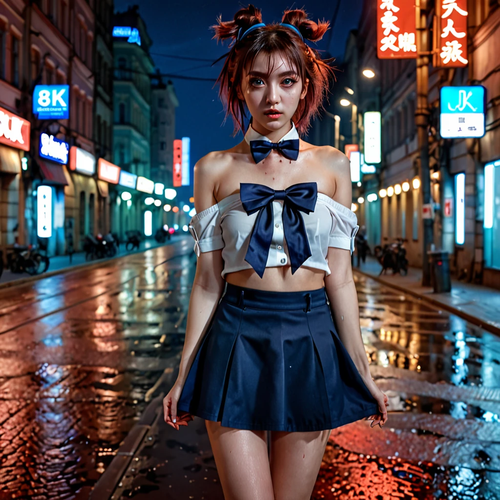 (8k, RAW photo, masterpiece:1.3), (realistic, photo-realistic:1.37), (night), (looking at viewer:1.331), (bloody hair), posing, Moscow street, nightcityscape, cyberpunk city, soft light, 1topless girl, extremely beautiful face, bust, put down hands, Random hairstyle, Random expression, big eyes, lower abdomen, (short-sleeved .JK_shirt), JK_style, (dark blue short JK_skirt), (bow JK_tie), mix4., best quality