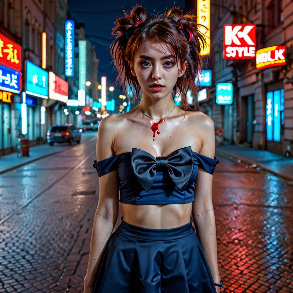 (8k, RAW photo, masterpiece:1.3), (realistic, photo-realistic:1.37), (night), (looking at viewer:1.331), (bloody hair), posing, Moscow street, nightcityscape, cyberpunk city, soft light, 1topless girl, extremely beautiful face, bust, put down hands, Random hairstyle, Random expression, big eyes, lower abdomen, (short-sleeved .JK_shirt), JK_style, (dark blue short JK_skirt), (bow JK_tie), mix4., best quality