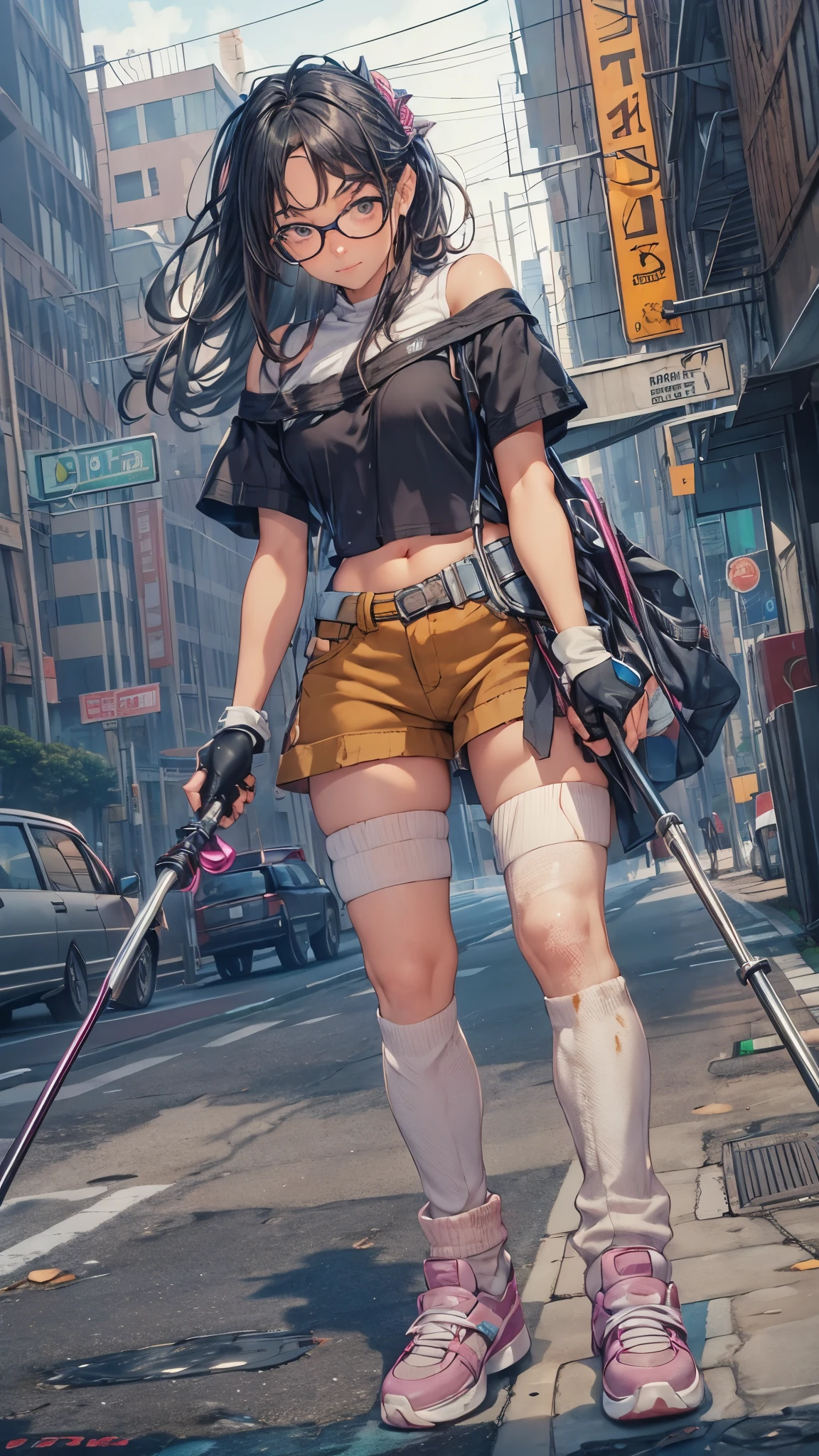 (masterpiece:1.2), (best quality:1.2) (detailed) (intricate) (8k) (HDR), 30 year old woman wearing an Adidas jacket and sport sneakers, Adidas jacket, holding a sword, sword, gun holster, holster, fingerless gloves, black gloves, mitts, very short skirt, wearing a headband, sports sneaker, sneakers, adidas, short white socks, huge thighs, wide hips, standing, (legs wide apart:1.5), (pussy:1.5), (nsfw:1.2), (vagina:1.4), standing, (thick lips), school exterior, (athletes in background:1.5), <lora:add_detail:0.7> <lora:oiled skinv1:0.5>