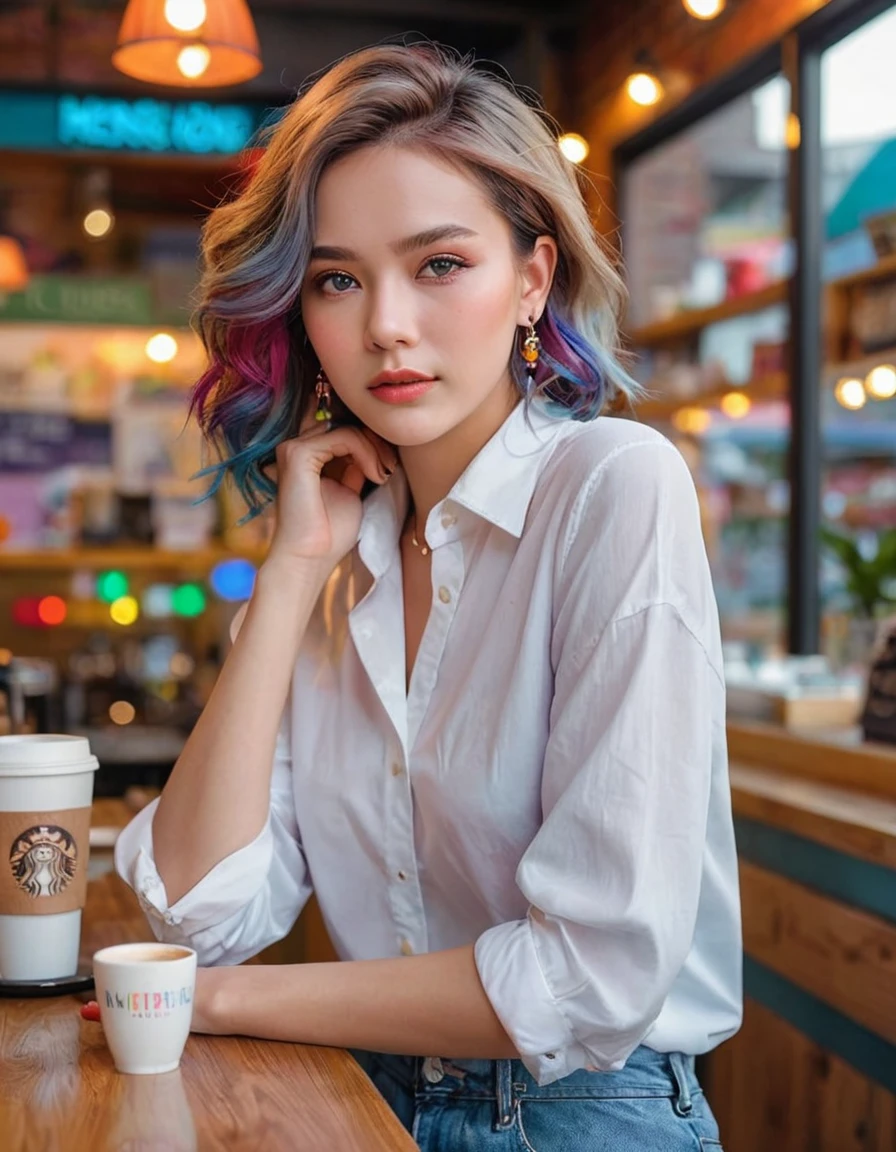 (masterpiece, top quality, best quality, official art, Beautiful and beautiful:1.2), (1 girl:1.3),Very detailed,(rich and colorful:1.1), (randomly poses), (Coffee shop background:1.3), White shirt, short denim, (shiny skin), (Many colors:1.4), ,(earrings:1.4),Bright hair color, seductive eyes , beautiful accessories