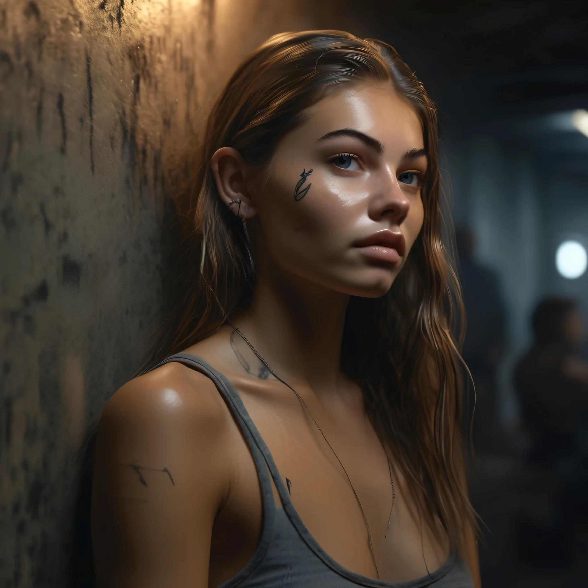 thylane blondeau A half body Portrait of a young woman, skinny, abs, flat chest, small breasts, dirty, tattoo, scratches, wearing bra . a dimly lit underground bunker, where survivors huddle together and rely on candlelight to see each other's faces. , realistic, photo-realistic, 8k, highly detailed, full length frame, High detail RAW color art, diffused soft lighting, shallow depth of field, sharp focus, hyperrealism, cinematic lighting