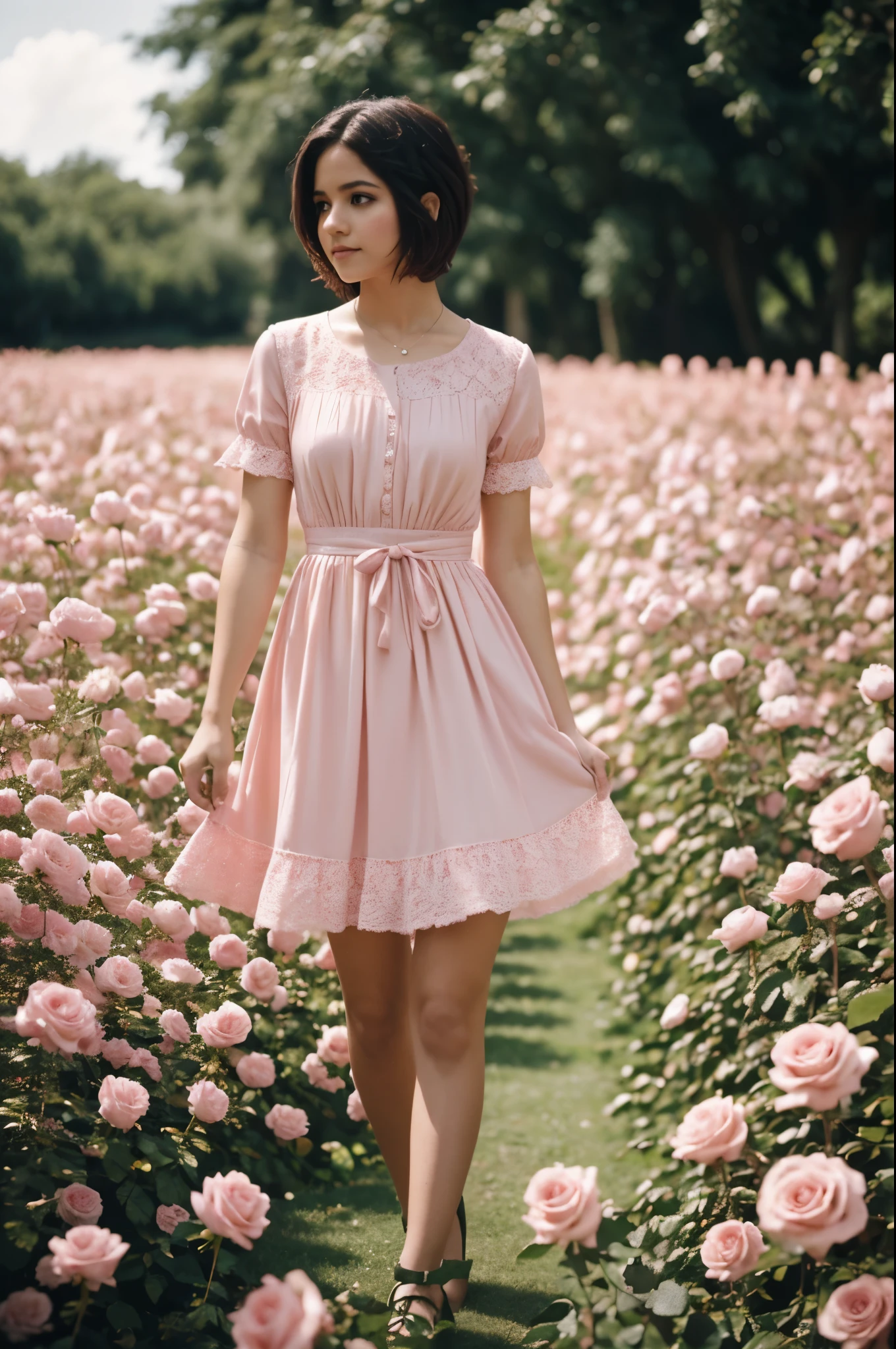 8K, foto cruda, fujifilm, Style photography of a beautiful young girl like Avril in a light pink rose garden. (piel muy detallada: 1.2) Style-Petal BREAK short hair, cabello rubio con mechones de colores, usando un vestido, film grain, 35mm, lindo estilo