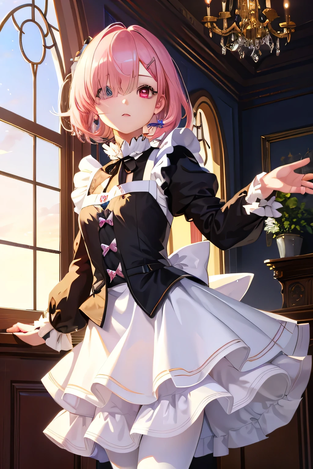 ((highest quality)), ((masterpiece)), figure, (detailed), One girl, Ram_Re:Zero, cute, Little, Sharp Eyes, Pink Hair:1.1, short hair, (Hair on one eye:1.3), Red eyes:1.2, roswaal Mansion maid uniform, apron, (White Pantyhose:1.2), View Viewer, Upper Body, anger, Irritation, Sick of it, Glare, Mansion, (High resolution:1.2),