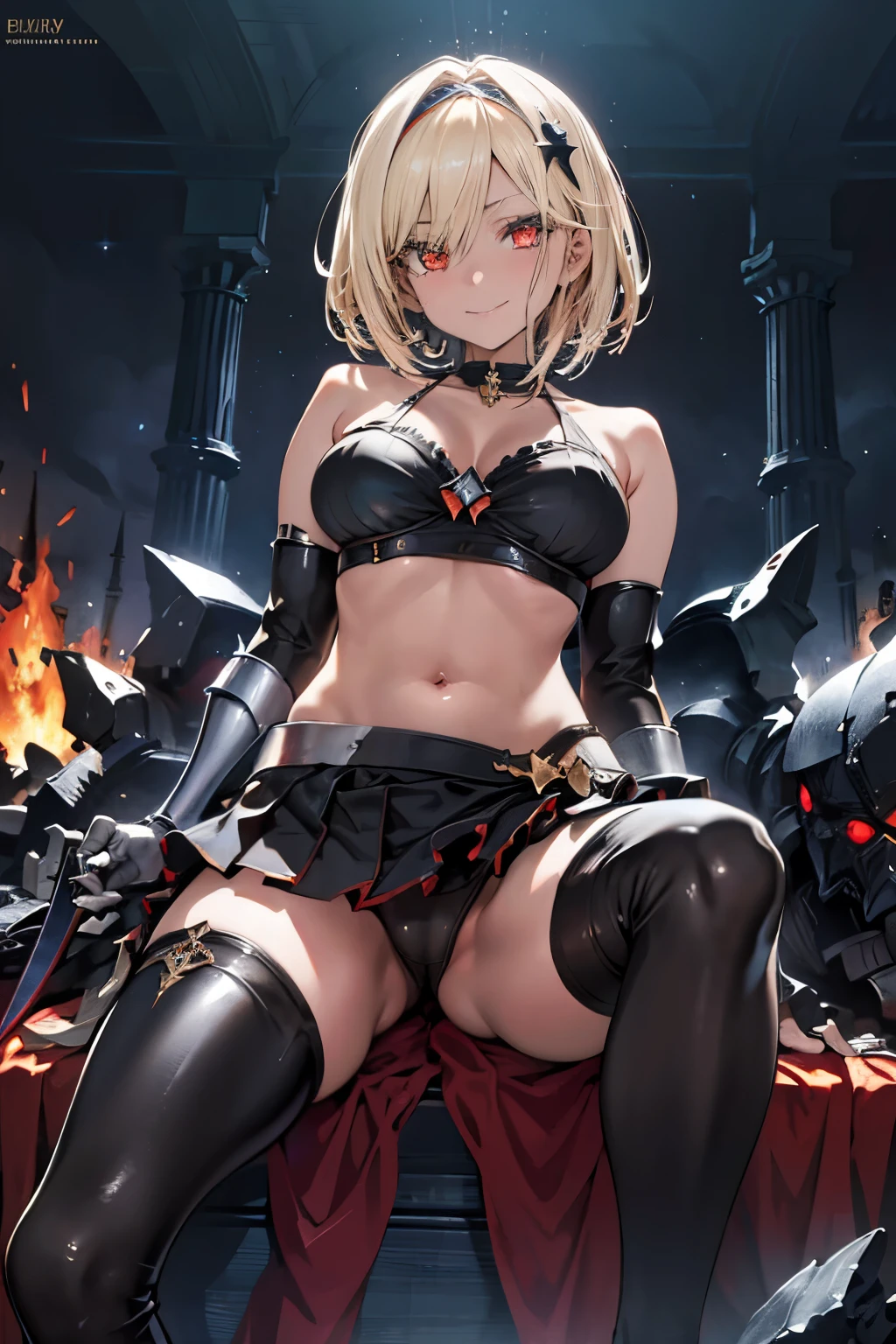 High resolution,Sharp focus,(Super detailed,Very detailed),(Very detailed CG unity 8k wallpaper),(((Vibrant colors))),{best illustration},
Complex eyes,Beautiful fine details,Symmetrical eyes,Big eyes:1.5,Seductive eyes,
One Girl,Blonde,Shiny Hair,short hair,hair band,Brown eyes,age,cute,
very shiny 肌,Shiny body,plastic glitter 肌,exaggerated shiny 肌,illuminated skin,
Big Breasts,glamorous,Tight waist,Long legs,curve,Cleavage,erotic,Bold,Revealing clothing,show 肌,
(Realistic eyes, Natural skin texture, Realistic facial details),
pale skin, white hair, red eyes, crop top, sleeveless, black skirt, choker,Black shoulder armor,glowing eyes,
large sword with sharp red and black decorations, tattered black dress,Black Thigh Boots,An effect like a red thread floating in the air, holding sword, Carrying a huge sword on one's shoulder,
Dark Space,Cinematic,flame in background,Burning ruins falling to the bottom of the sky,
final battle,night,Sparks fly,Reflection of the flames,sparkle, light particles, straddling, spread legs, knees away, (from below), Arrogant look, Domineering smile,
