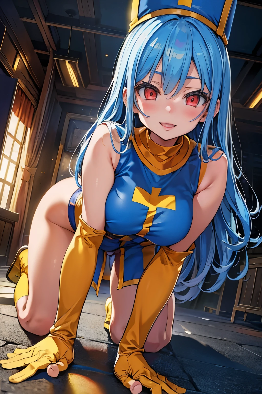 ((highest quality)), ((masterpiece)),(detailed),High resolution,Sharp focus,Perfect Face,{best illustration},
(Very detailed CG unity 8k wallpaper),(((Vibrant colors))),Official Art,DQ3,One girl,
((Detailed body)),(Detailed face)), cute,Lewd,erotic,Bold,
Slender,(muscle:0.8), Round Breasts,Large Breasts,Light blue hair,Red eyes,Long Hair,Priest(DQ3), 
Cross Print,(Orange bodysuit),Mitra,Tabard,Yellow Elbow Gloves,Yellow Boots,seductive smile,Open your mouth,(from below), overhead shot, from behind, all fours,