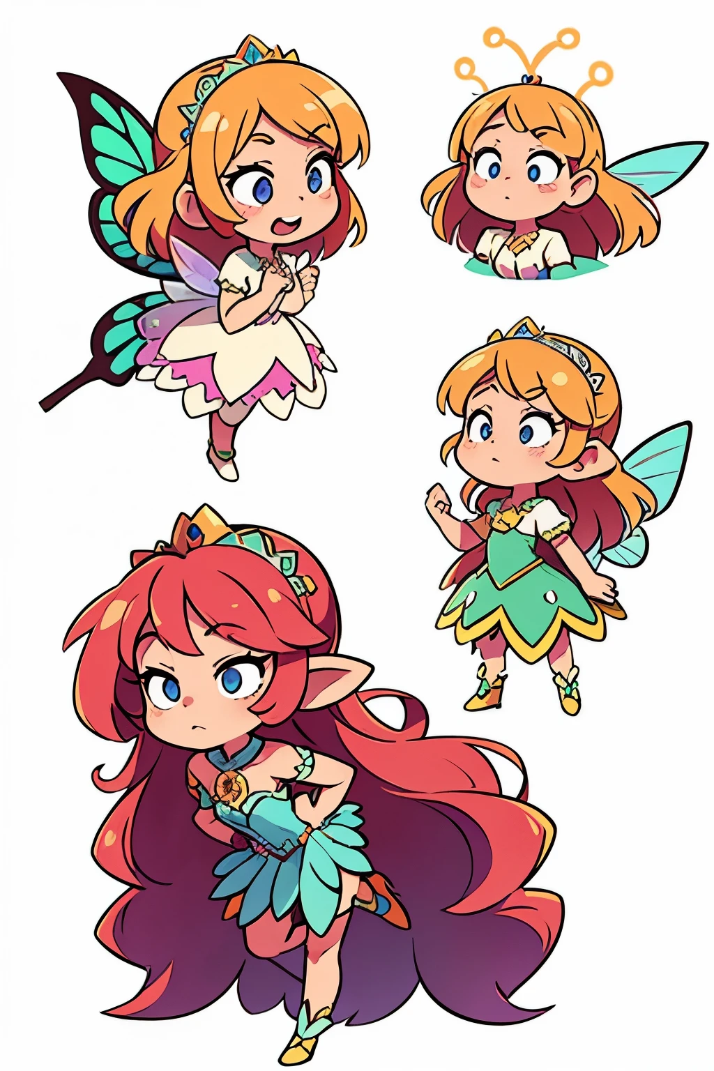 make a fairy with a dress and a crown with shiny butterfly wings, various poses and expressions on a white background
