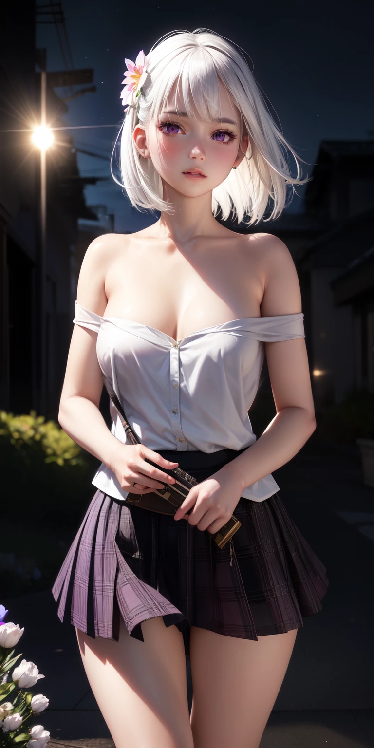 realistic, 1girl, white hair, purple eyes, glowing eyes, naked, skirt, parted lips, blush, night, flowers, sun, sunlight,
