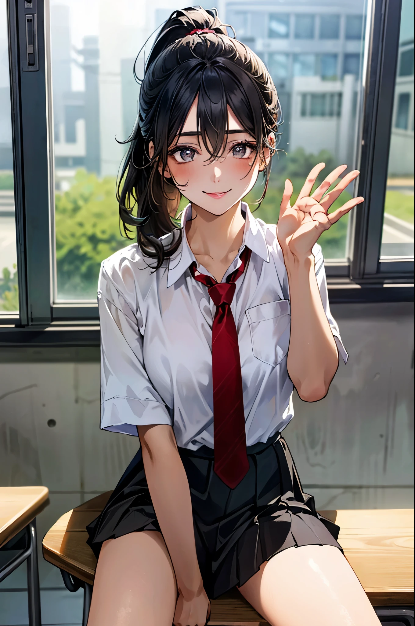(masterpiece:1.3, top-quality, ultra high res, ultra detailed), (realistic, photorealistic:1.4), beautiful illustration, perfect lighting, natural lighting, colorful, depth of fields, ,
beautiful detailed hair, beautiful detailed face, beautiful detailed eyes, beautiful clavicle, beautiful body, beautiful chest, beautiful thigh, beautiful legs, beautiful fingers, shiny skin, 
looking at viewer, 1 girl, high school girl, (perfect anatomy, anatomically correct, super detailed skin), cute and symmetrical face, babyface, perfect face, perfect eyes, slender, 
(middle hair, ponytail, black hair), hair over between eyes, grey eyes, long eye lasher, (medium breasts, seductive thighs), 
(white collared shirt, white shirt, black pleated skirt, red tie), white socks, 
(beautiful scenery), morning, (school classroom:1.2, window, curtains), sitting on school desk, spread  legs, waving left hand, right hand on right leg, (smile, open mouse),