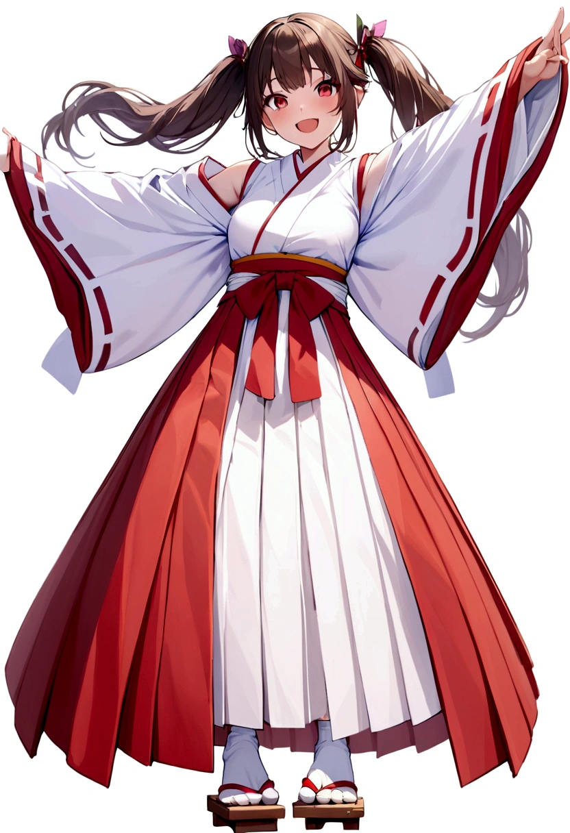 masterpiece, best quality, 1girl, solo, looking_at_viewer, blush, smile, open_mouth, skirt, simple_background, brown_hair, black_hair, red_eyes, long_sleeves, white_background, twintails, standing, full_body, japanese_clothes, wide_sleeves, kimono, hakama, hakama_skirt, white_kimono, miko, geta, tabi, red_hakama,