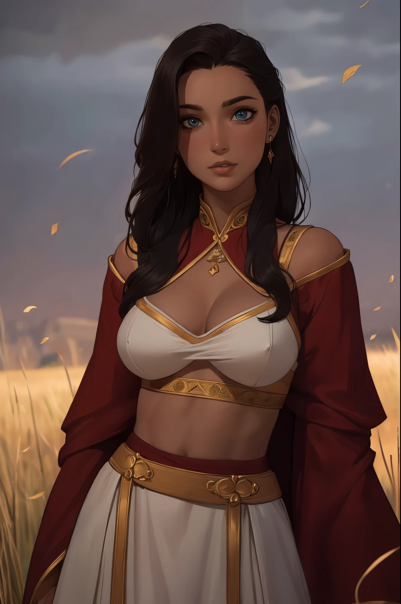 a Westerosi girl, 18 years-old, wearing a long regal dress, sun-tanned complexion, tall, athletic, busty, cleavage, toned midriff, generous hips, dark hair, long hair, waist-length hair, posing in a field of wildflowers, ((dynamixc pose+Interacting+leaning on anything+object+leaning against)), | (8k, RAW photo, best quality, masterpiece:1.2), ultra-detailed, (high detailed skin:1.2), 8k uhd, dslr, soft lighting, high quality, ((upper body)), (centered:1.2), ((LOOKING at the VIEWER)), asura, film grain, highly detailed shading, ((perfect_hands):1), Goodhands-beta2, Detailed eyes, perfect face, perfect eyes, Detailed face,