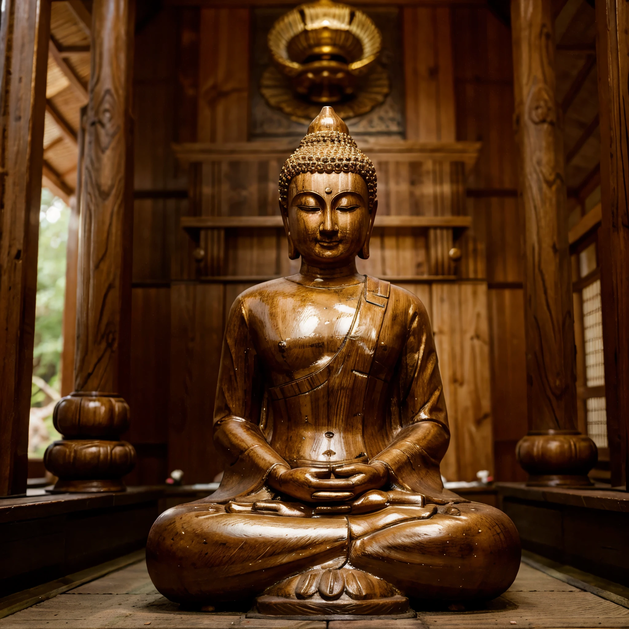 wooden_made statue of Buddha in a Japanese temple. A forest in background, blurred foreground. Hi quality photo shot