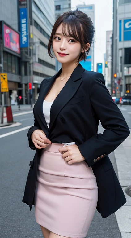 Full body ,masutepiece, Best Quality, Illustration, Ultra-detailed, finely detail, hight resolution, 8K Wallpaper, Perfect dynamic composition, Beautiful detailed eyes, Women's Fashion Summer,Shorthair,,Natural Color Lip, Bold sexy poses,Smile,Shinjuku、wear pink suit, tight skirt , 20 years girl、Cute、Sexy shot looking at camera