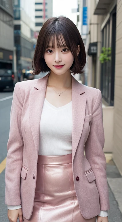 Full body ,masutepiece, Best Quality, Illustration, Ultra-detailed, finely detail, hight resolution, 8K Wallpaper, Perfect dynamic composition, Beautiful detailed eyes, Women's Fashion Summer,Shorthair,,Natural Color Lip, Bold sexy poses,Smile,Shinjuku、wear pink suit, tight skirt , 20 years girl、Cute、Sexy shot looking at camera