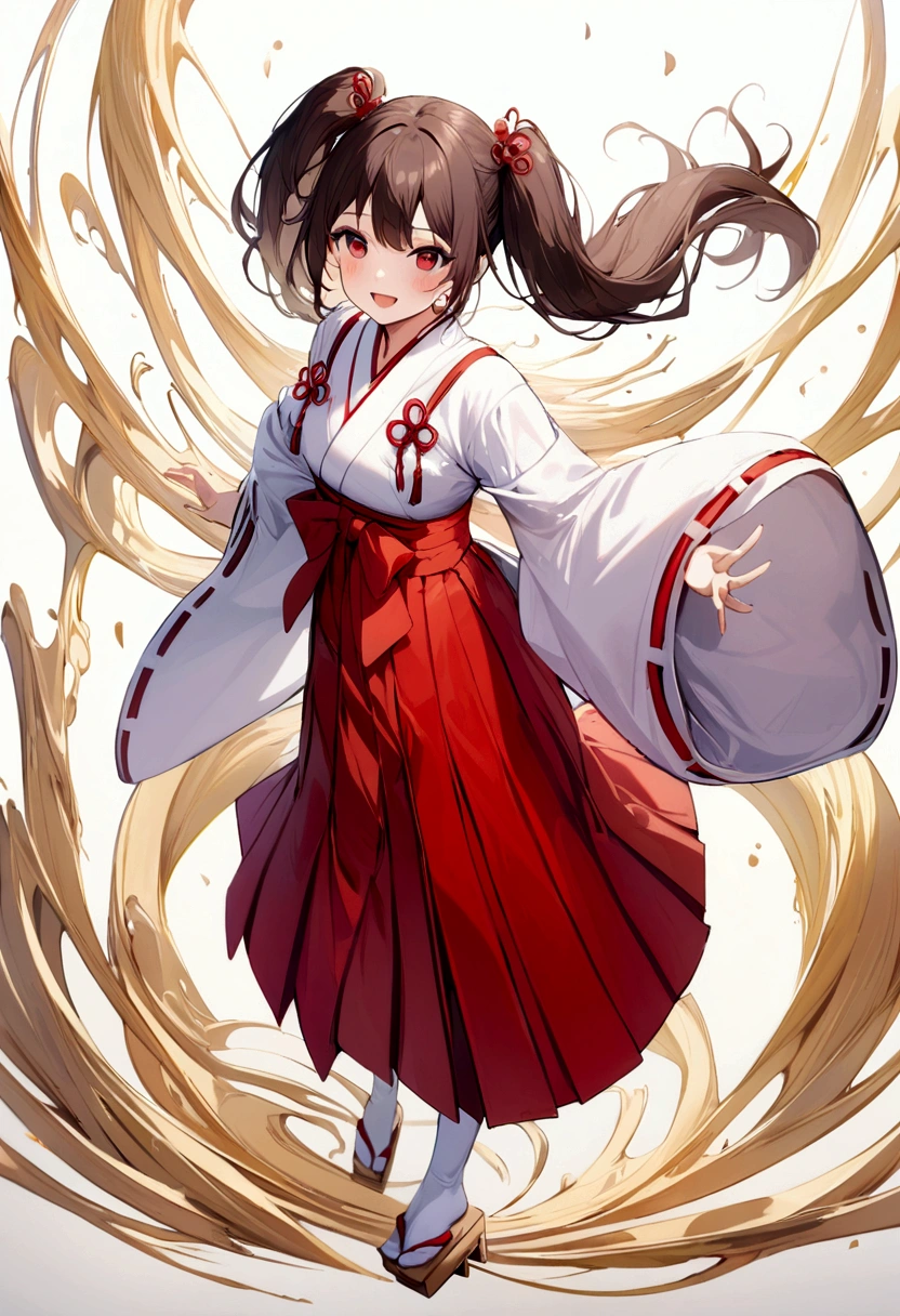 masterpiece, best quality, 1girl, solo, looking_at_viewer, blush, smile, open_mouth, skirt, simple_background, brown_hair, black_hair, red_eyes, long_sleeves, white_background, twintails, standing, full_body, japanese_clothes, wide_sleeves, kimono, hakama, hakama_skirt, white_kimono, miko, geta, tabi, red_hakama,