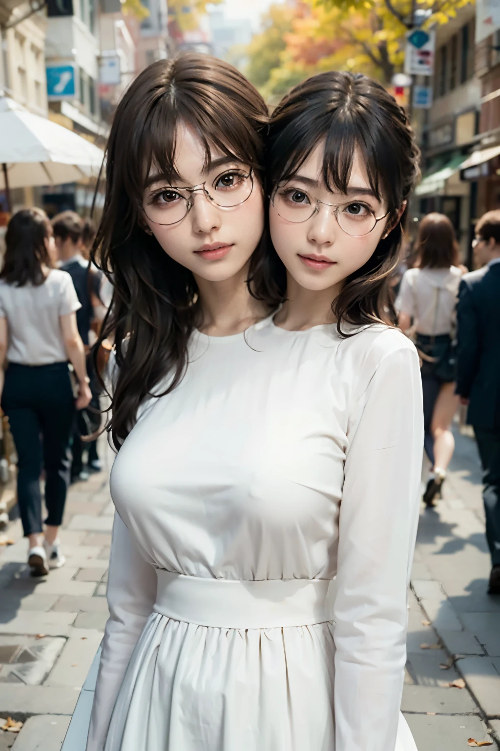 (8K、Raw photography、top-quality、masterpiece:1.2)、(realisitic、Photorealsitic:1.37)、ultra-detailliert、超A high resolution、1 girl、29yo、see the beholder、beautifull detailed face、Smile、Constriction、(Slim waist) :1.3)、Beautiful detailed skin、Skin Texture、well-shaped breasts、Floating hair、Hair bunched into one、(white clothes:1.4)、Professional Lighting、Autumn afternoon、In the street、(((eye glass )))、Whole human body、Brown hair、((Shameful appearance))、conjoined_dicephalus, (two heads:1.3)