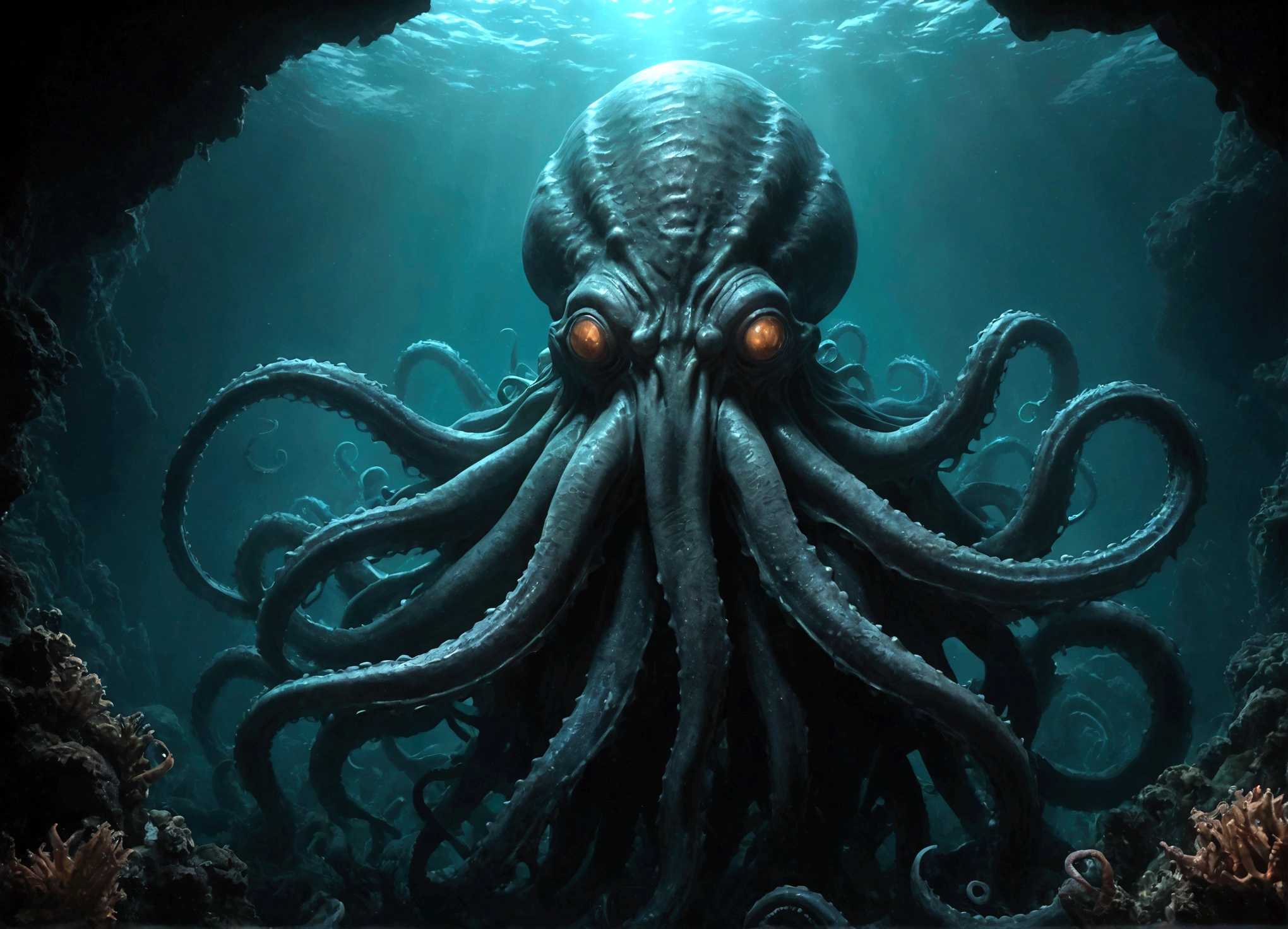 cthulhu,elder god,cosmic horror,dark fantasy,chthonic,eldritch,tentacles,alien,otherworldly,nightmarish,surreal,dark,brooding,ominous,foreboding,grim,atmospheric,cinematic,dramatic lighting,deep sea,underwater,abyss,abyssal,abyssal creature,photorealistic,highly detailed,8k,masterpiece,intricate,complex