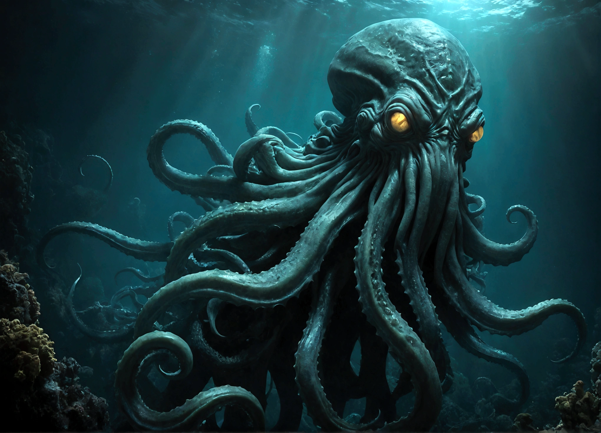 cthulhu,elder god,cosmic horror,dark fantasy,chthonic,eldritch,tentacles,alien,otherworldly,nightmarish,surreal,dark,brooding,ominous,foreboding,grim,atmospheric,cinematic,dramatic lighting,deep sea,underwater,abyss,abyssal,abyssal creature,photorealistic,highly detailed,8k,masterpiece,intricate,complex