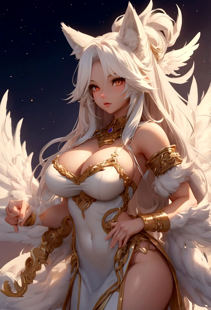 Fox girl with nine fluffy tails, extreme muscular body, huge and angel wings.