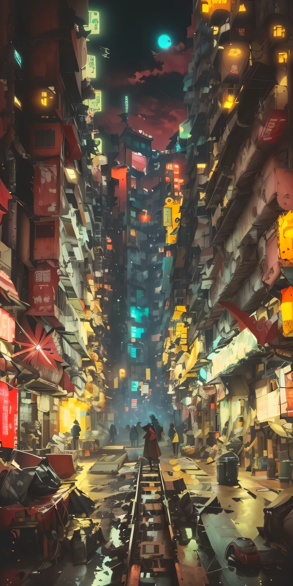 there is a train that is going down the tracks in the city, Kowloon Cyberpunk, Chinatown Blade Runner, Kowloon Cyberpunk cityscape, Like the scene in Blade Runner, A city like Hong Kong, cyberpunk streets in japan, Kowloon Wall City Style, In a tropical dystopian city, Hong Kong streets, Cyberpunk city at night, Kowloon, Tokyo