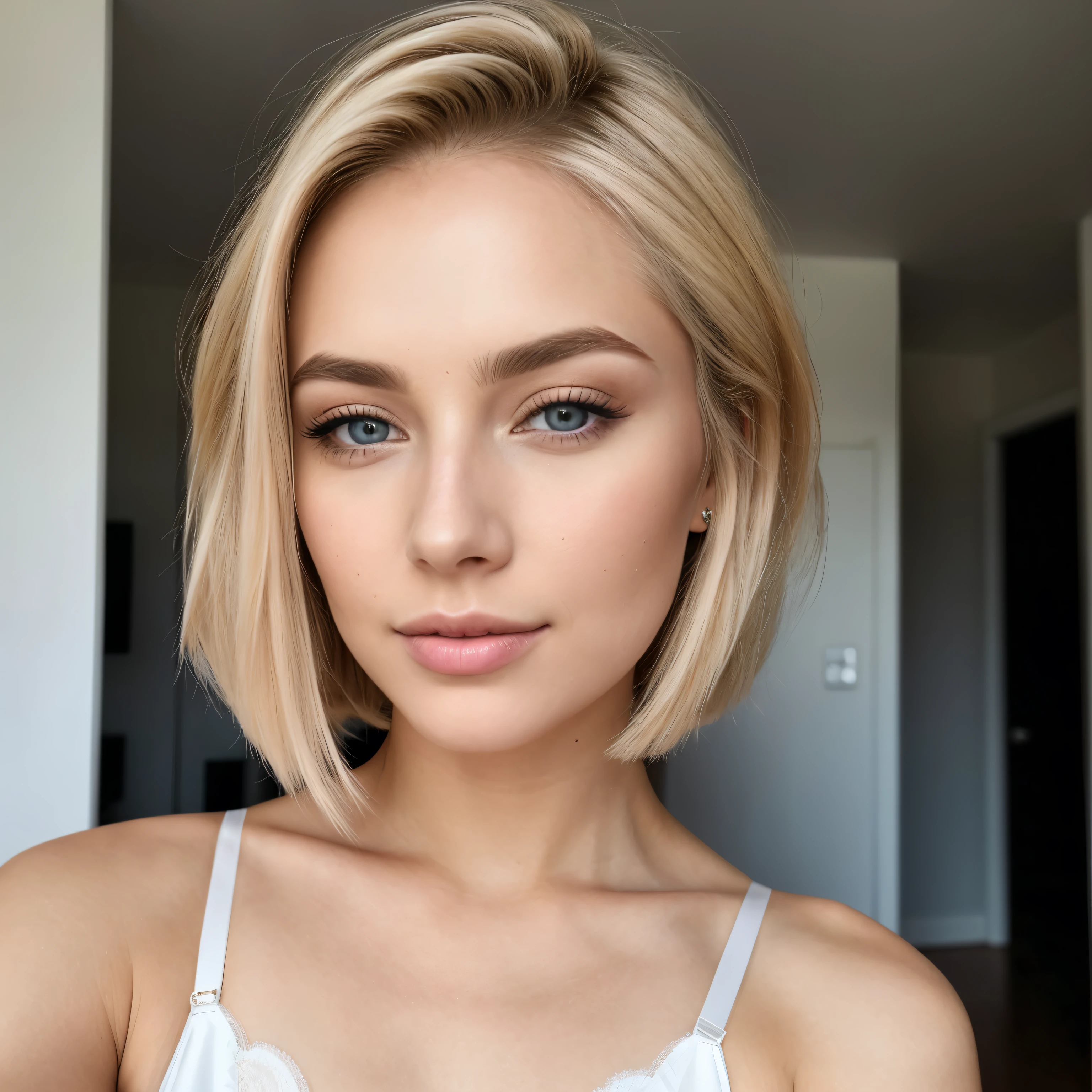 Blonde woman with shoulder-length hair and white bra taking a selfie, sexy face with full makeup, Thin makeup, Photo by Sophie Maud, sexy face, Flawless face, Natural smooth pale skin, Perfect face ), Beautiful face and flawless skin, Soft 8k portrait shot, Exciting look at the camera, beautiful delicate face, A beautiful and sensitive face, Pale, smooth, flawless skin, soft make up