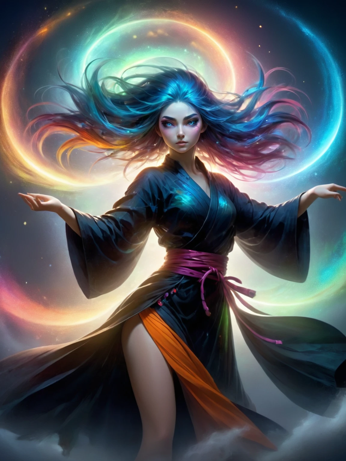 1girl, bioluminescent,  iconic ninja stance, over make up, shiny face, full body, attractive, hand_on cheek, astral vignette, long hair, swirl_up hair, provocative pose, right views, multicolor hair, fog wrapped around, epicRealism, UHD, 8k, super detailed,