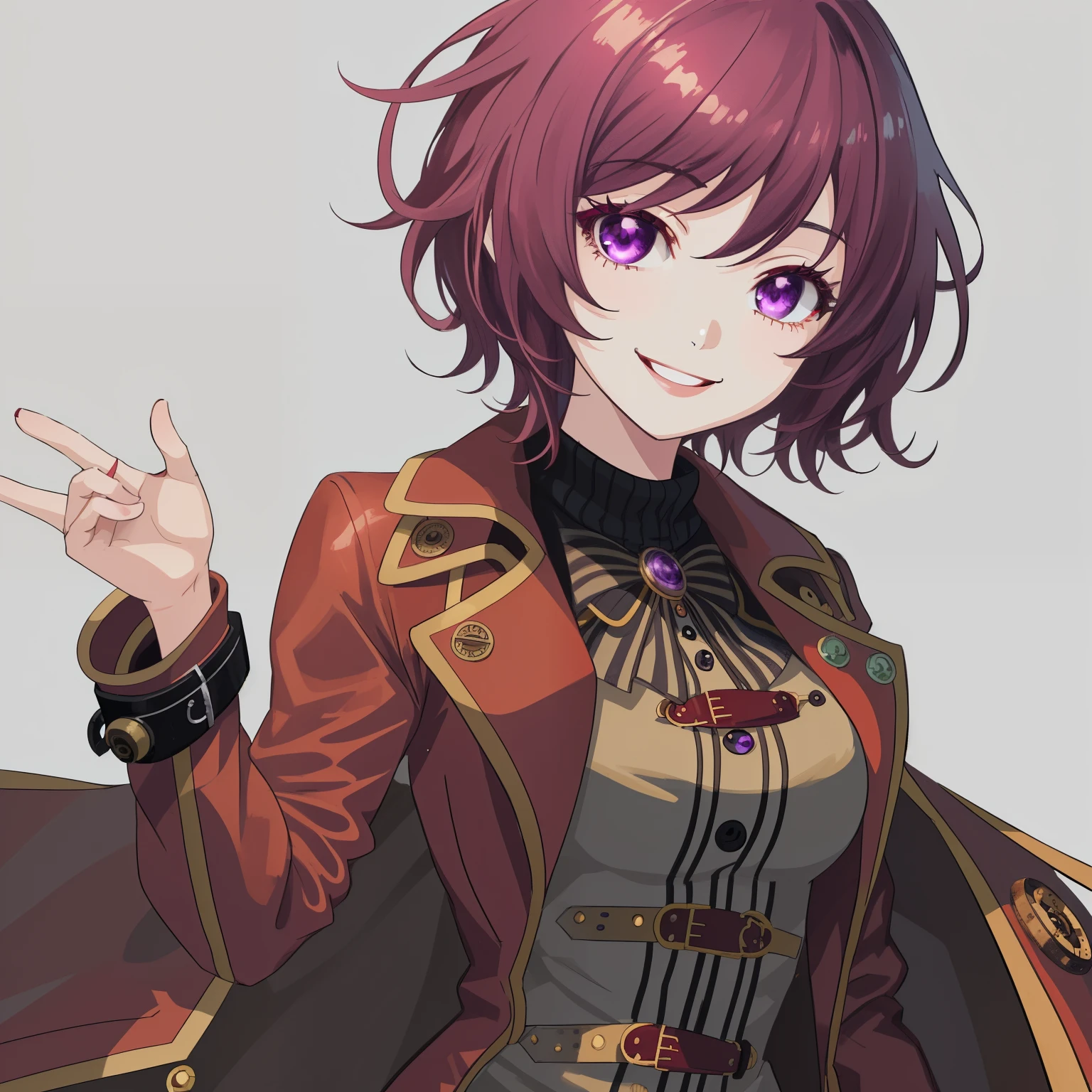 1girl, anime, wavy_short_hair, burgundy_hair, steampunk_coat, maroon_sweater_dress, amethyst_eyes, bright, white_background, cheerful, smiling, looking_at_viewer