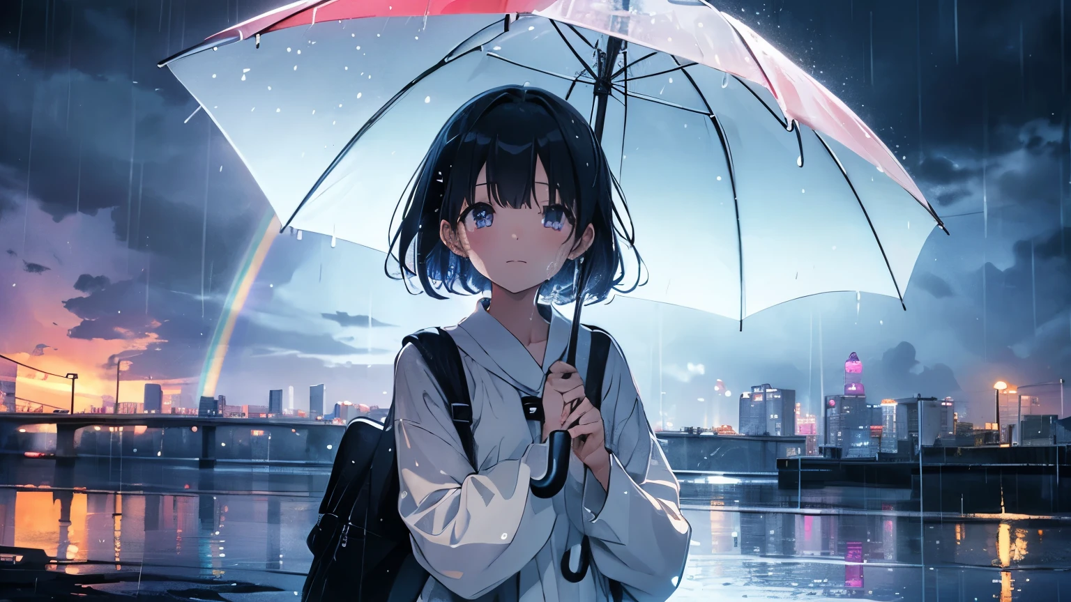 rain、Light through the gaps in the clouds、rainbow、Person holding an umbrella、Crying face、Anime Style