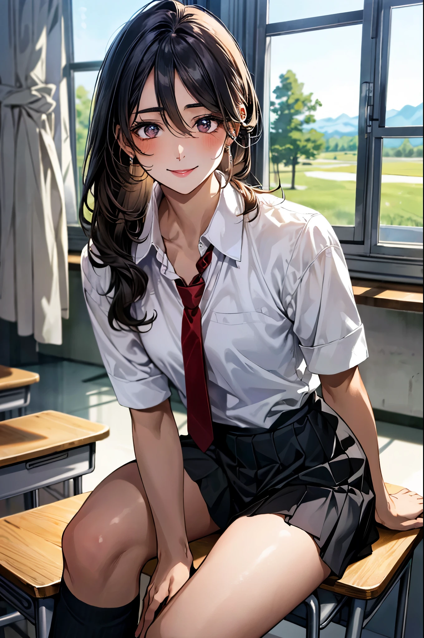 (masterpiece:1.3, top-quality, ultra high res, ultra detailed), (realistic, photorealistic:1.4), beautiful illustration, perfect lighting, natural lighting, colorful, depth of fields, ,
beautiful detailed hair, beautiful detailed face, beautiful detailed eyes, beautiful clavicle, beautiful body, beautiful chest, beautiful thigh, beautiful legs, beautiful fingers, shiny skin,
looking at viewer, 1 girl, high school girl, (perfect anatomy, anatomically correct, super detailed skin), cute and symmetrical face, face, perfect face, perfect eyes, slender,
(middle hair, high ponytail, black hair), hair over between eyes, grey eyes, long eye lasher, (medium breasts, seductive thighs),
(white collared shirt, white shirt, black pleated skirt, red tie), white socks,
(beautiful scenery), morning, (school classroom:1.2, window, curtains), sitting on school desk, spread legs, waving left hand, right hand on right leg, (smile, open mouse),