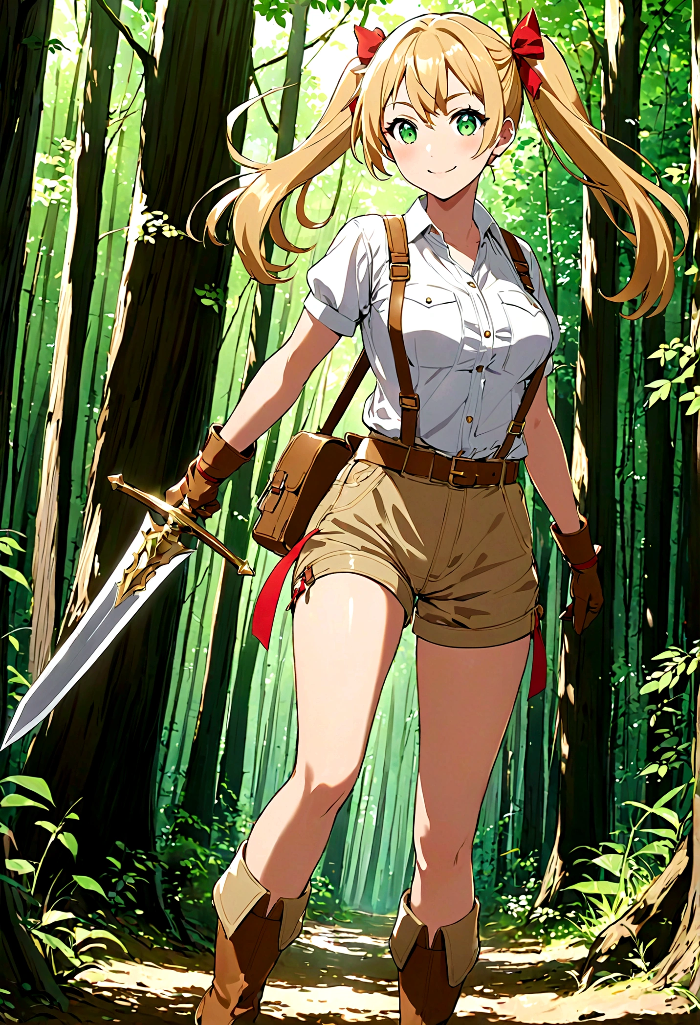 30-year-old anime woman, blonde hair in pigtails, green eyes, tender and smiling expression, long explorer-style shorts with beige suspenders, short-sleeved white blouse, red ribbon in her hair, beige leather gloves, dark beige, in forest leather boots that reach mid-calf, her weapons are two daggers she carries at her waist.