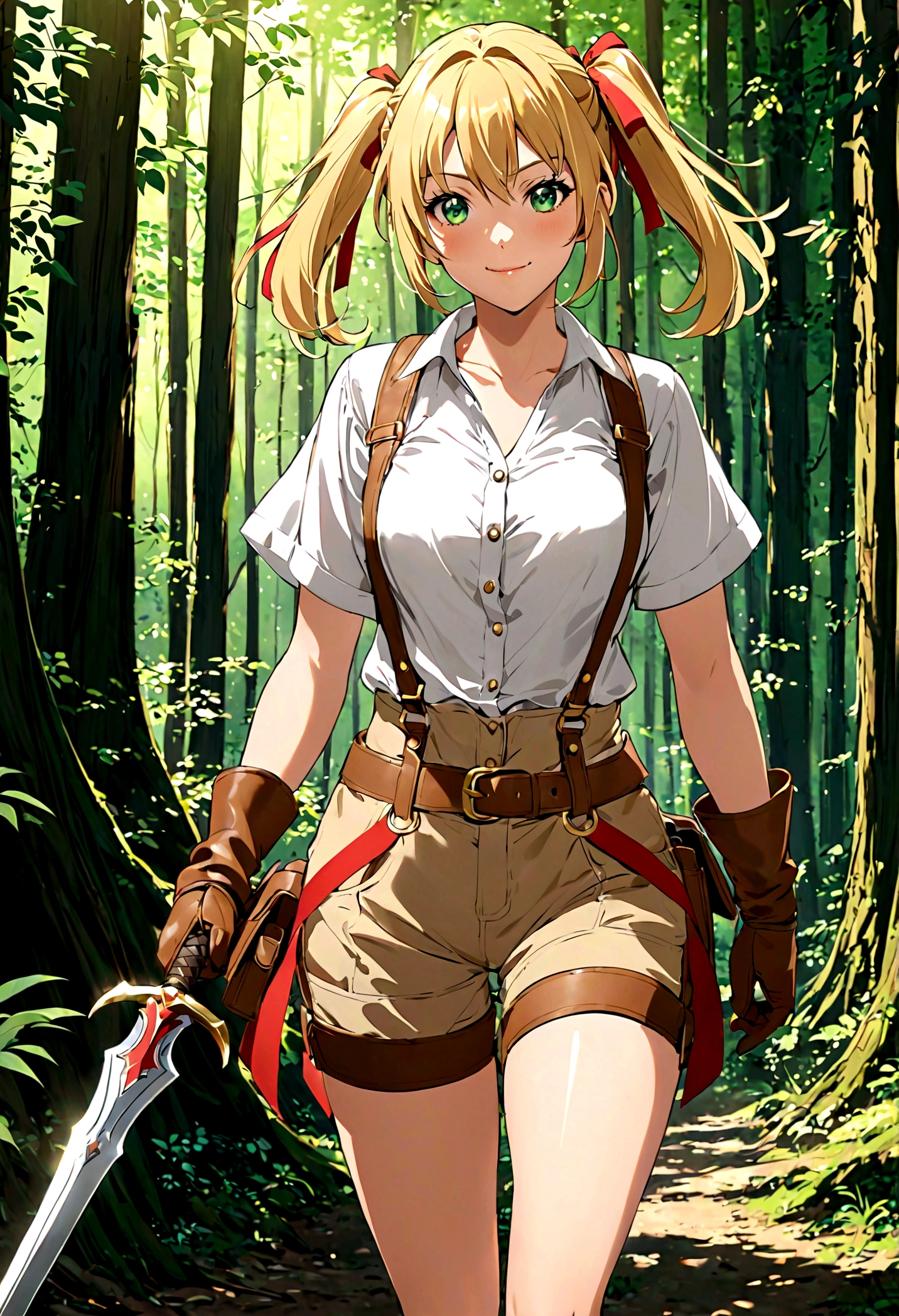 30-year-old anime woman, blonde hair in pigtails, green eyes, tender and smiling expression, long explorer-style shorts with beige suspenders, short-sleeved white blouse, red ribbon in her hair, beige leather gloves, dark beige, in forest leather boots that reach mid-calf, her weapons are two daggers she carries at her waist.