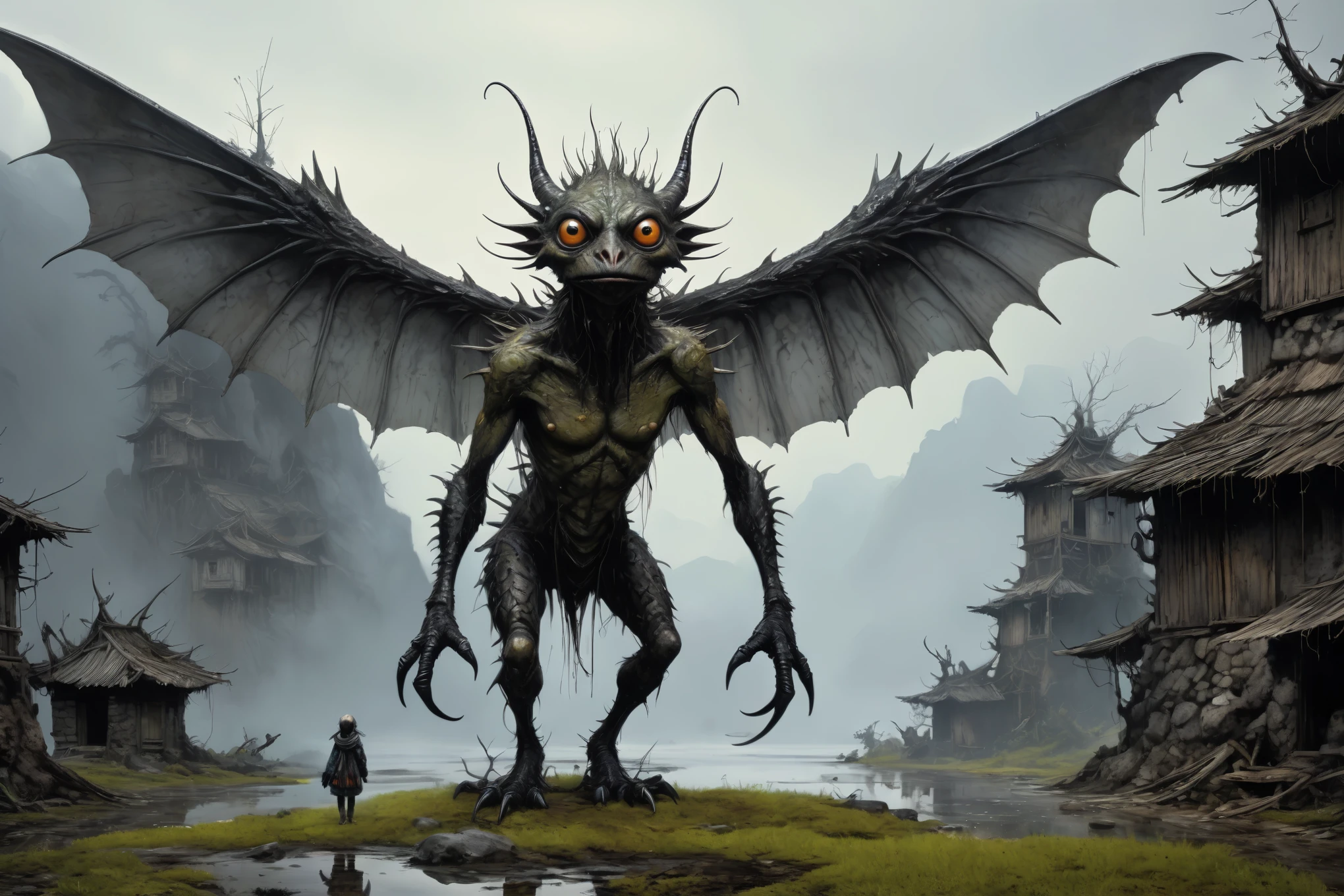 full-body-shot,kobold,natural skin textures, hyper realisitc, hyper detailed,elegant wings,wings Extremely detailed,High contrast,Realistic,Chalsedoon kikimora, back view,full body length,sparas,pretty face,intricate details,realistic humid skin,extremely intricate details,anatomically correct, eyes extremely detailed, high detailed eyes,High contrast,Ultra HD,Retina,HDR,photo,photorealism,Masterpiece, natural skin textures, hyper realism,hyper detailed,High contrast,(HDR:1.4),Realism,Ultra Detailed,irina yermolova, close full body shot,16K resolution,RAW, Nikon Z9,Paul Zizka,full body length,niobium goblin,native irish,pretty face,eyebrow up,full body shot,ominous landscape,niobium gray atmosphere,by art Simon Stalenhag,Nicola Samori,(((Wangechi Mutu))),scary complicated village of stalkers,Stone Forest in Yunnan Province of Italia