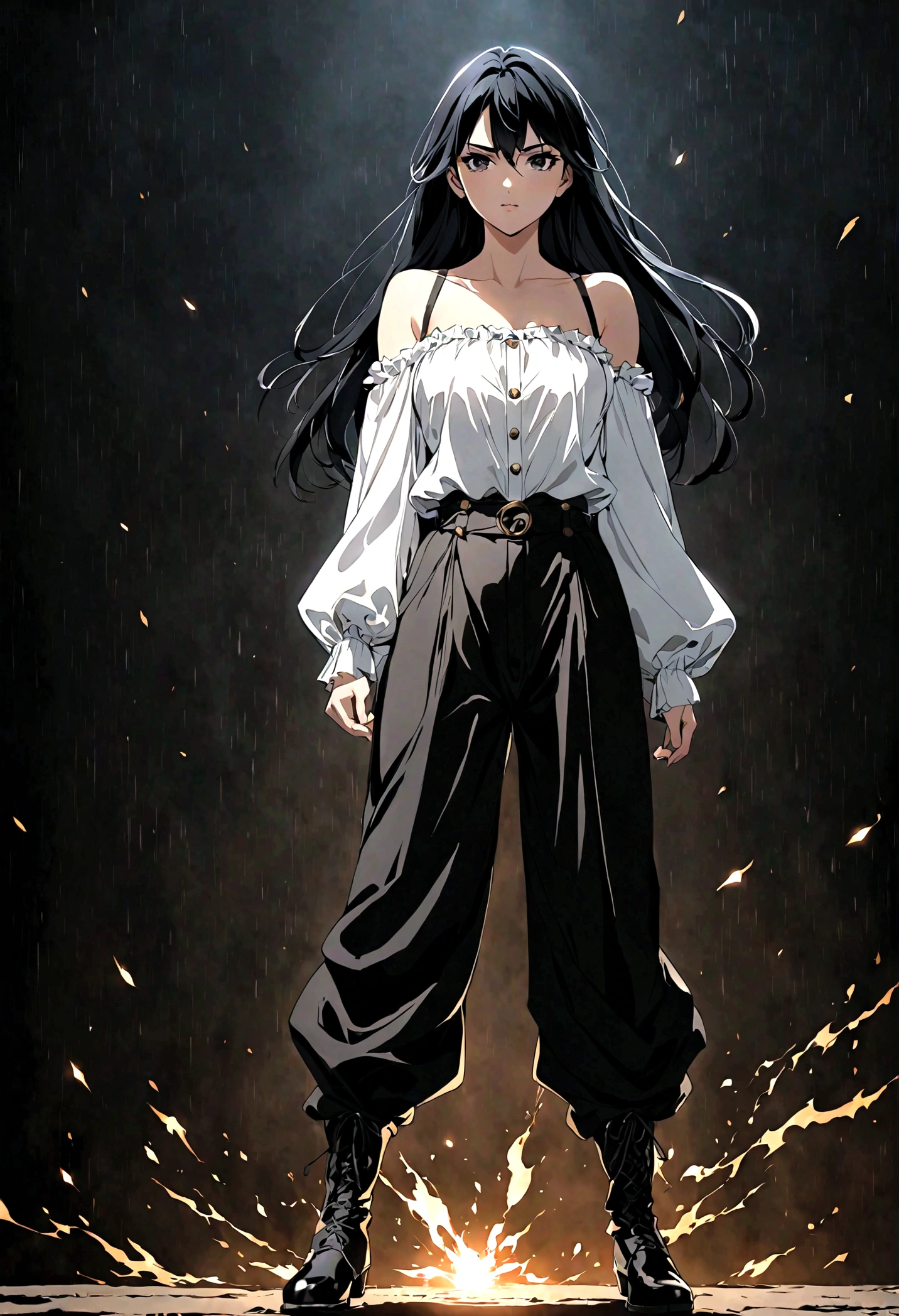 30-year-old anime woman, long black hair, serious, black eyes, wears old-fashioned clothing, black baggy pants, black boots, white blouse with long sleeves and exposed shoulders, powers of darkness, dark background.
