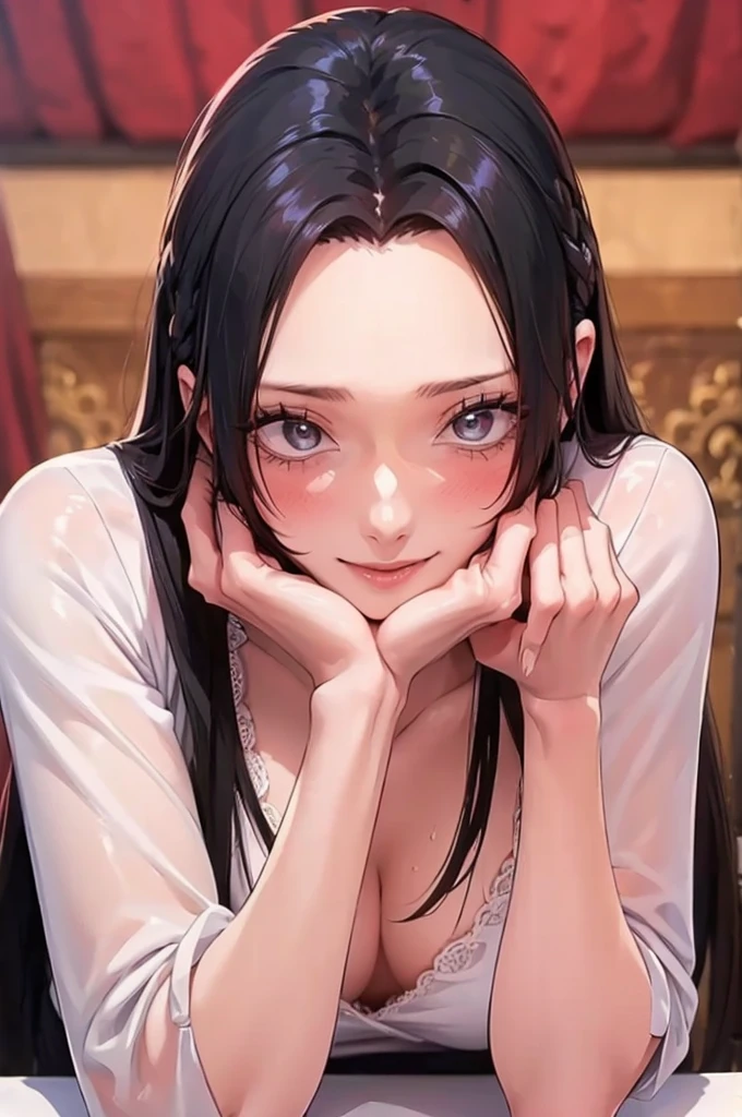 (((masterpiece))), (((best quality))), ((ultra-detailed)), (highly detailed CG illustration), Boa Hancock, , (masterpiece:1.5), Detailed Photo, Smiling, Sexy, (Best Quality: 1.4), (1girl), Beautiful Face, (Black Hair, long Hair: 1.3), Beautiful Hairstyle,  beautiful detail eyes, (realistic skin), beautiful skin, absurd, attractive, ultra high resolution, high definition, (sexually aroused:1.5), Pinkish white skin, cool white light, sexy pose, Beautiful , white background, pink soft white light, Wear a white dress