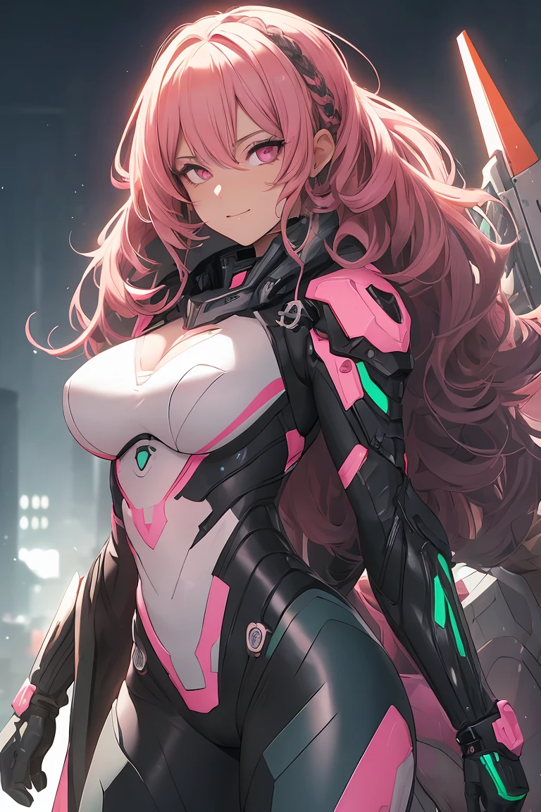 ((1 girl)), Mecha Suit,Cybertech, Large rear armament, Cloak-like equipment, Cowboy Shot,((Very detailed,highest quality, High resolution, 8k wallpaper, Beautiful clothes,)),((Green Hair, Medium Hair, Loose Curly Hair, Braided hair)) (Bright Blue Eyes), (teeth), Grinning face, eye shadow, eyeliner,Glow Eye, Very detailedな目, Sharp eyes, Beautiful Eyes, ((Glowing pink eyes)), 18-year-old girl.
