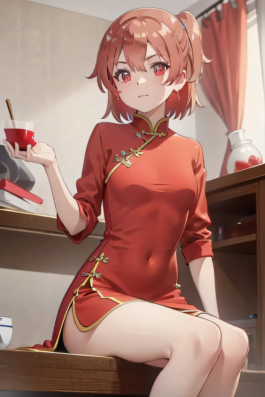Watch Viewer, Red dress, Redhead, Red eyes, (masterpiece: 1.2), High resolution, highest quality, 8k, China dress