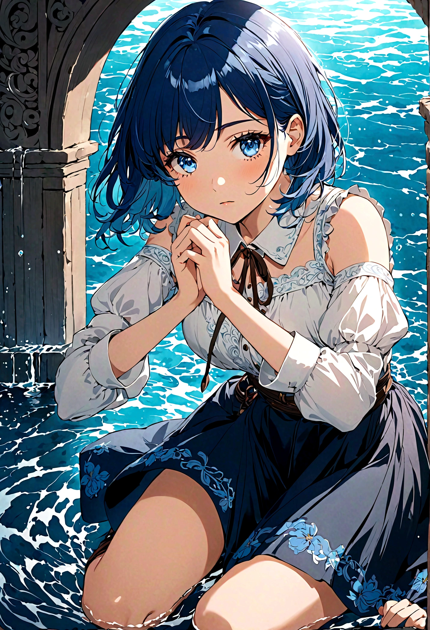 20 years old anime girl, with short dark blue hair to the shoulders, a serious yet tender expression, and bright light blue eyes. She dresses in an antique style, wearing a long dark blue skirt that reaches her knees, and small dark brown boots up to her ankles. Her white blouse is long-sleeved, covering her fingers slightly, and falls off one shoulder, leaving it exposed. She possesses water powers and has a water-themed background.