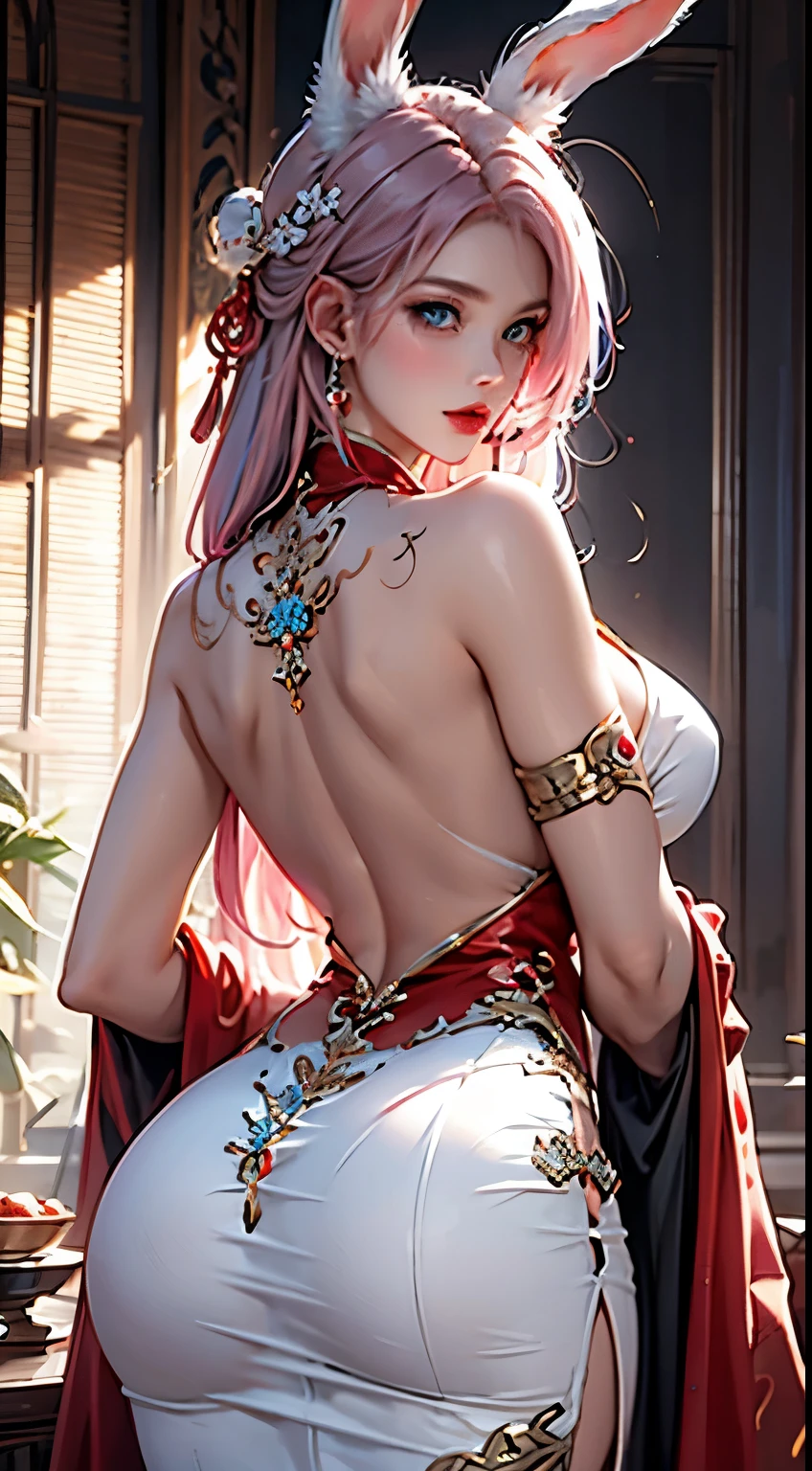 1girl, extremely detailed, realistic, high resolution, soft lighting, hip up, blue eyes, pink hair, fake rabbit ears, china dress, china dress, jewelry, tattoos, back view