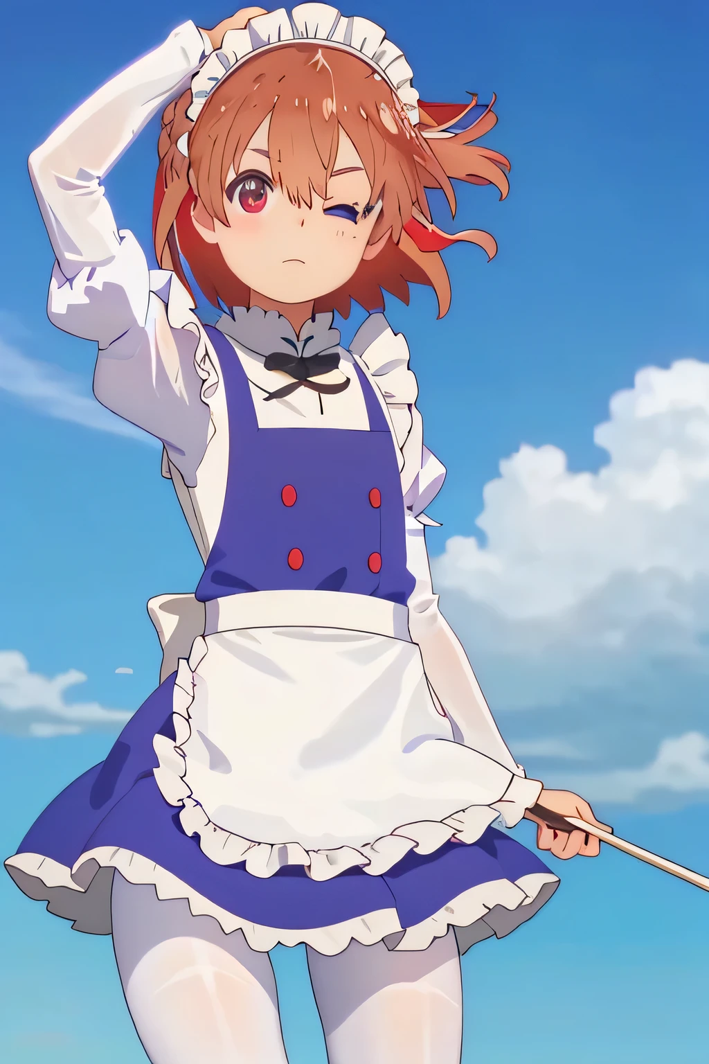 ((highest quality)), ((masterpiece)), figure, (detailed), One girl, Ram_Re:Zero, cute, Little, Sharp Eyes, :1.1, short hair, (Hair on one eye:1.3), Red eyes:1.2, roswaal Mansion maid uniform, apron, (White Pantyhose:1.2), View Viewer, Upper Body, anger, Irritation, Sick of it, Glare, Mansion, (High resolution:1.2),