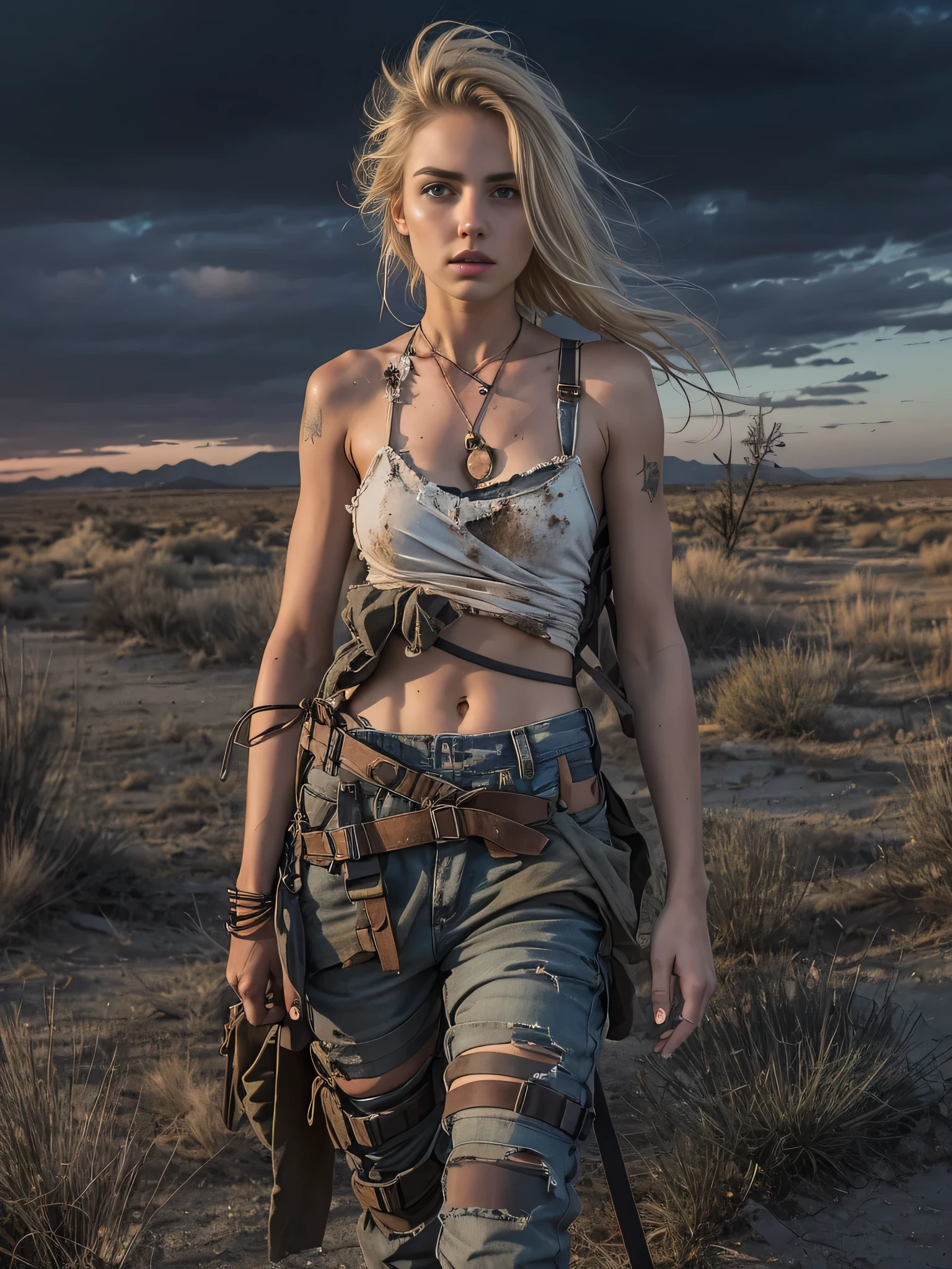 Masterpiece, Transitioning to a desert landscape at sunset, a lone figure, a beautiful 15 years old American teenage girl emerges wearing beautiful post apocalyptic nomadic clothes, white skin, dirty blonde hair, blue-grey eyes, freckles on face, slim running body, very small breasts, very detailed face, ultra realistic face, very beautiful face, clean but tired face, post-apocalyptic clothing. Layers of tattered fabric, torn fabric, exposed breast and cleavage, unconventional accessories, and a weathered look create an aura of survival and resilience, 16K, ultra high res.photorealistic, UHD, RAW, DSLR