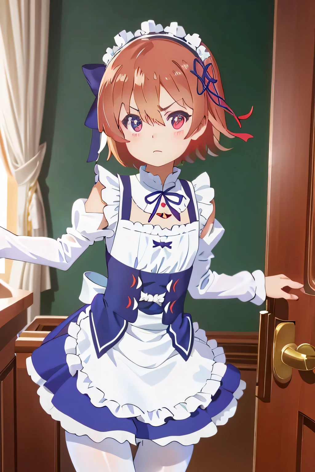 ((highest quality)), ((masterpiece)), figure, (detailed), One girl, Ram_Re:Zero, cute, Little, Sharp Eyes, :1.1, short hair, (Hair on one eye:1.3), Red eyes:1.2, roswaal Mansion maid uniform, apron, (White Pantyhose:1.2), View Viewer, Upper Body, anger, Irritation, Sick of it, Glare, Mansion, (High resolution:1.2),