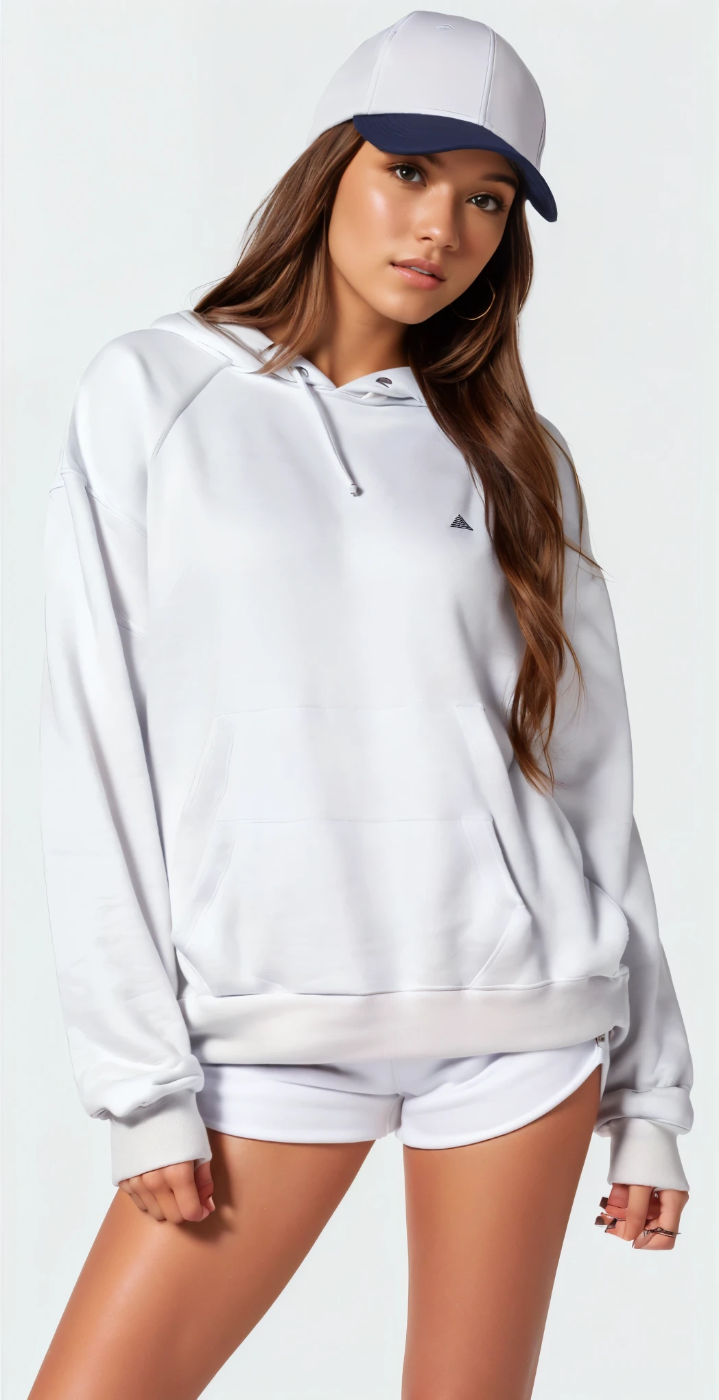 a woman wearing a white sweatshirt and shorts with a baseball cap, vestindo moletom, light cinza, designed for a cozy aesthetic!, cinza sweater, cinza, solid gray, White Sweater, superdimensionado hoodie, Roupa casual, Roupas detalhadas, superdimensionado, wearing a cinza hooded sweatshirt, Moletom cinza, moda casual, Manga compridas, Manga comprida, Julia Colina, light cinza hoodie opened