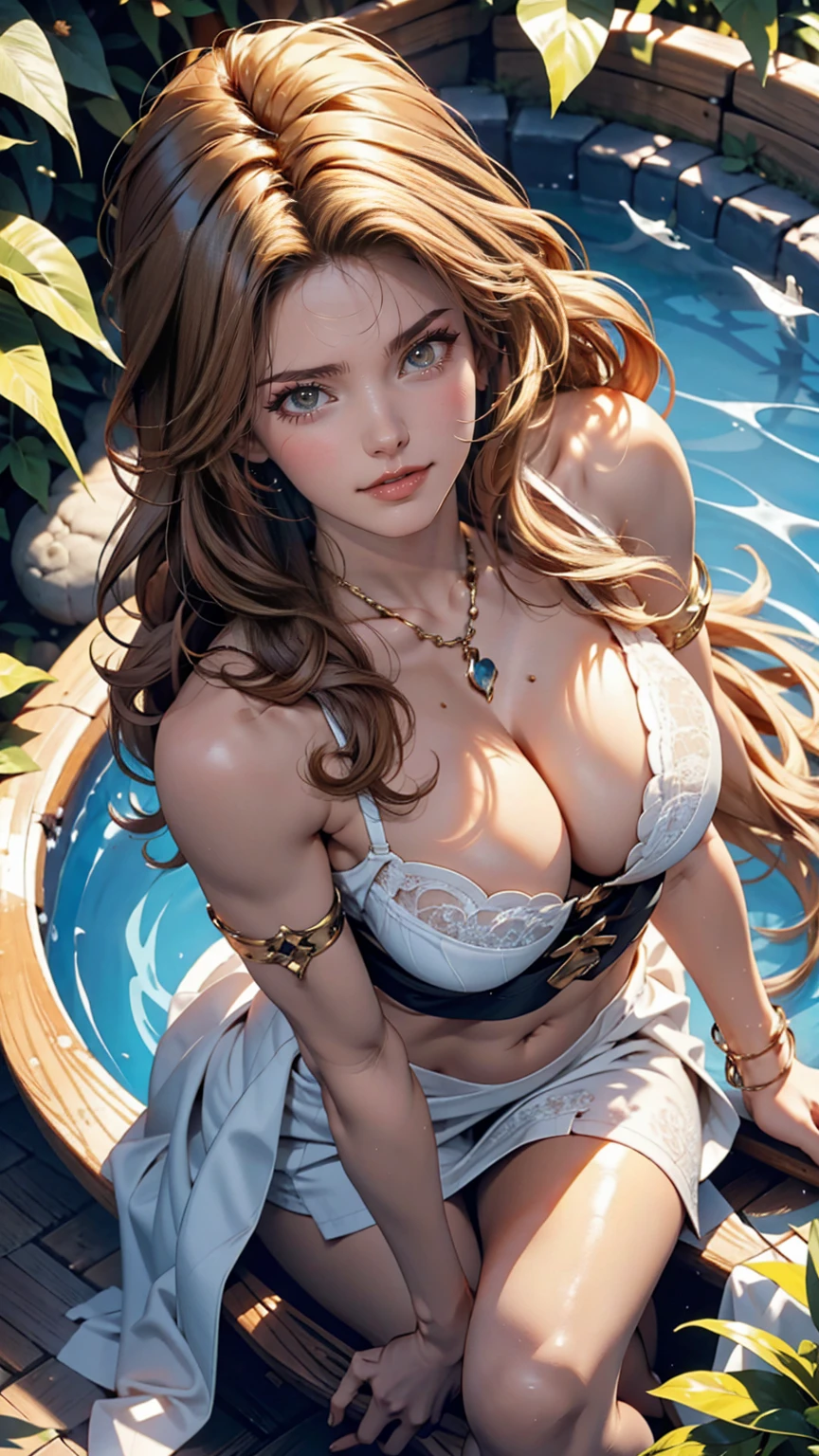 highest quality、masterpiece、Ultra-high resolution、A 23-year-old Caucasian woman of unparalleled beauty.、blue eyes、Dark Blonde、semi-long、Hair is wavy、The ends of the hair are curled upwards、Slim yet well-proportioned body、The sun is shining from above、Photorealistic images、8K quality、I'I don't want my head to disappear from the screen..、My abs are ripped、I can see my belly button、She was wearing a logo top that revealed her underwear.、Wearing a mini pleated skirt。.、Wearing high heels、In front of a boutique window、Iクラッチバッグを持っています、smile